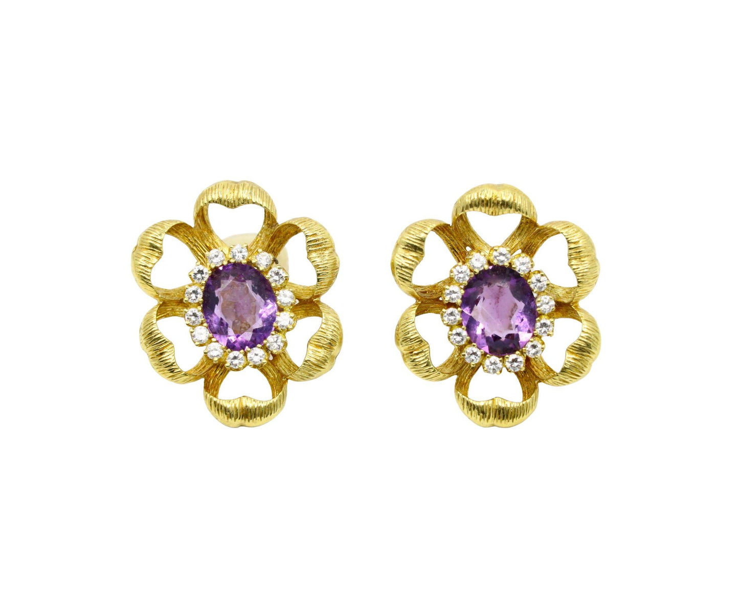 18K Gold Amethyst Diamond Flower Earrings