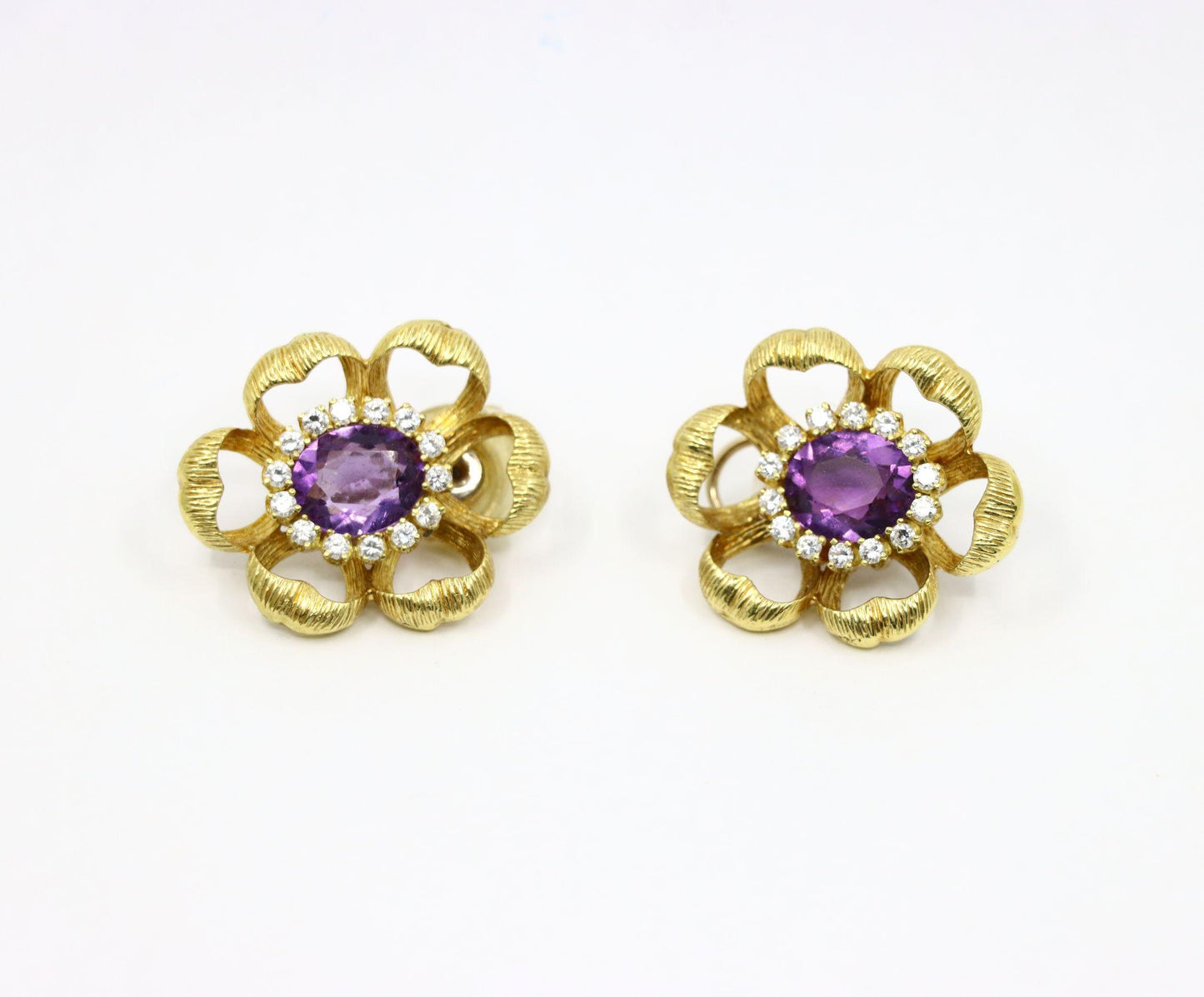 18K Gold Amethyst Diamond Flower Earrings