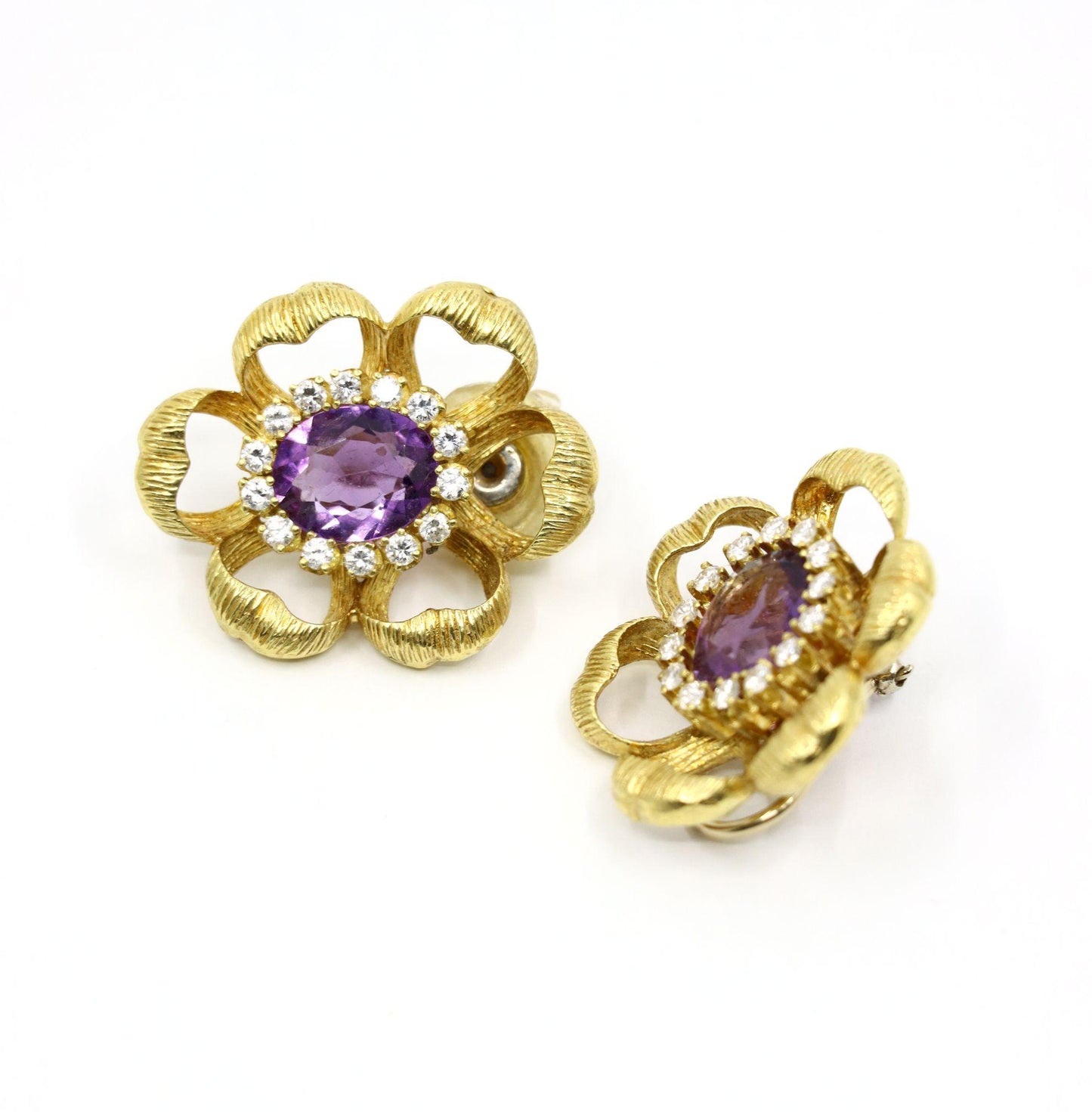 18K Gold Amethyst Diamond Flower Earrings