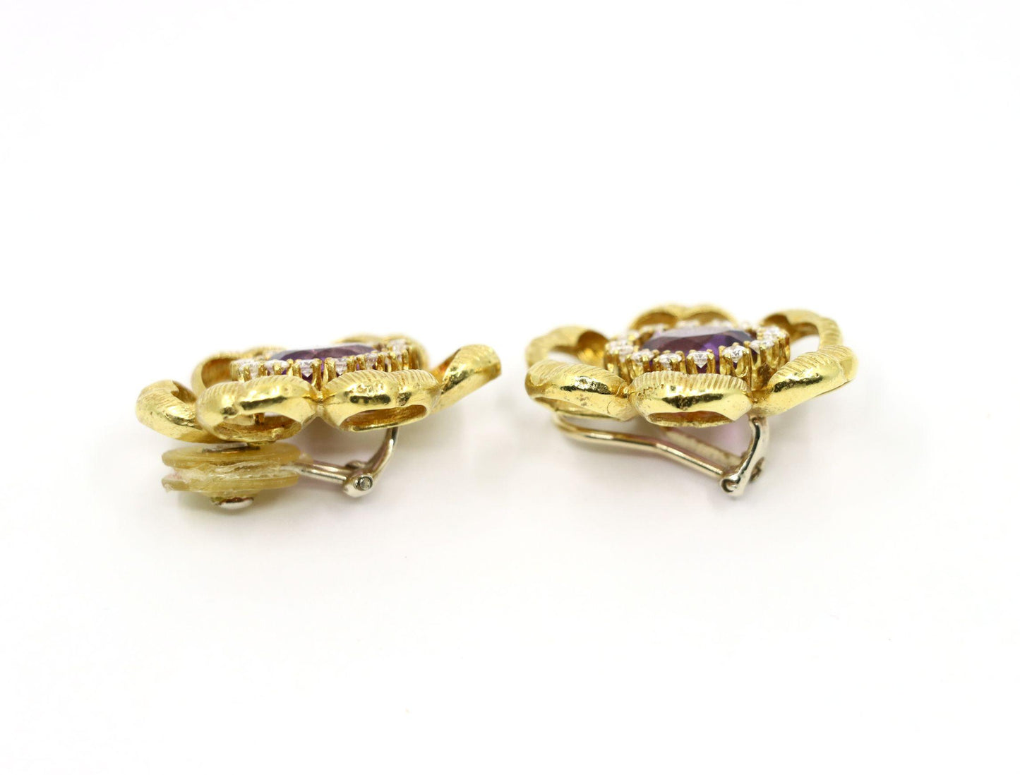 18K Gold Amethyst Diamond Flower Earrings