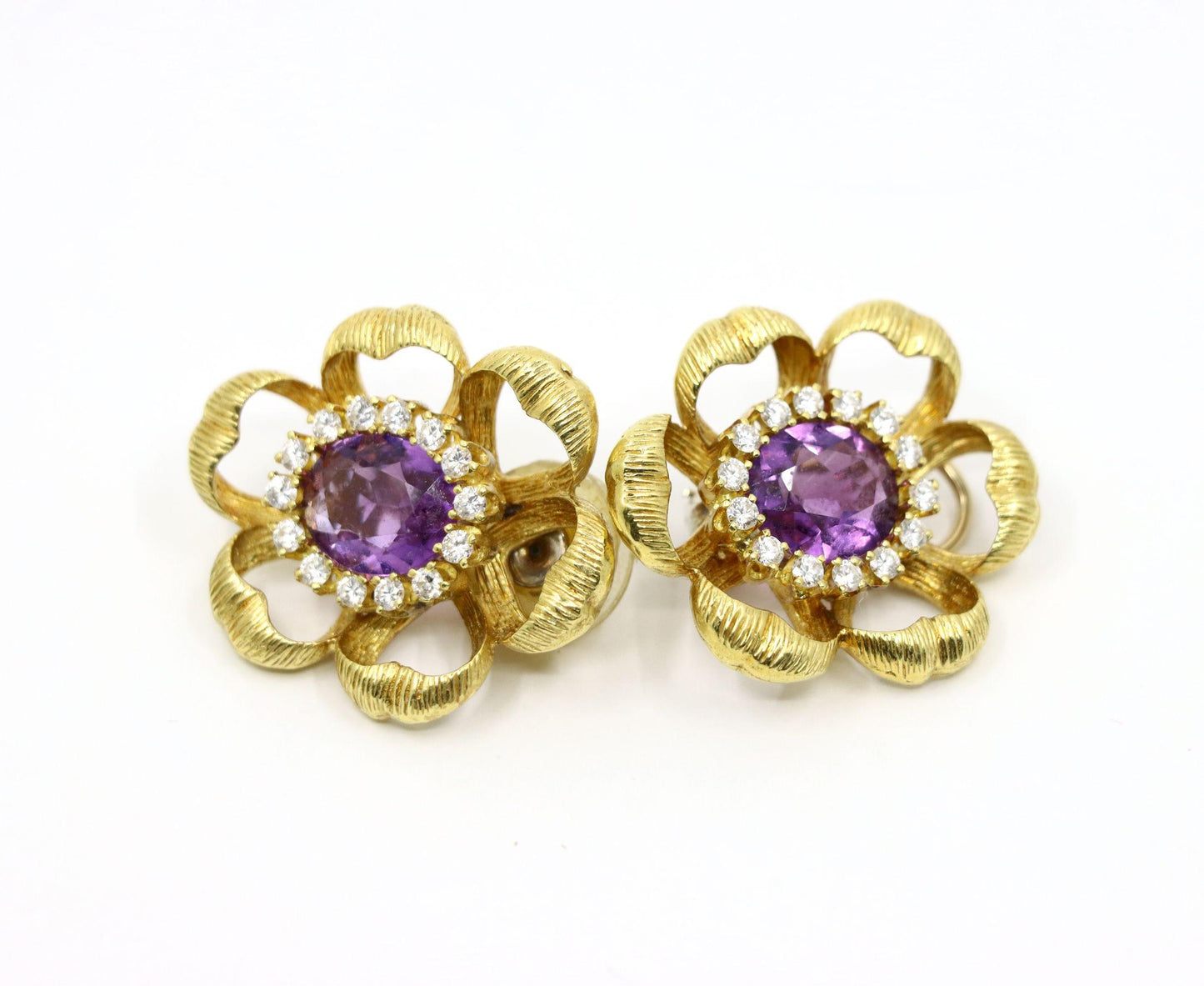18K Gold Amethyst Diamond Flower Earrings