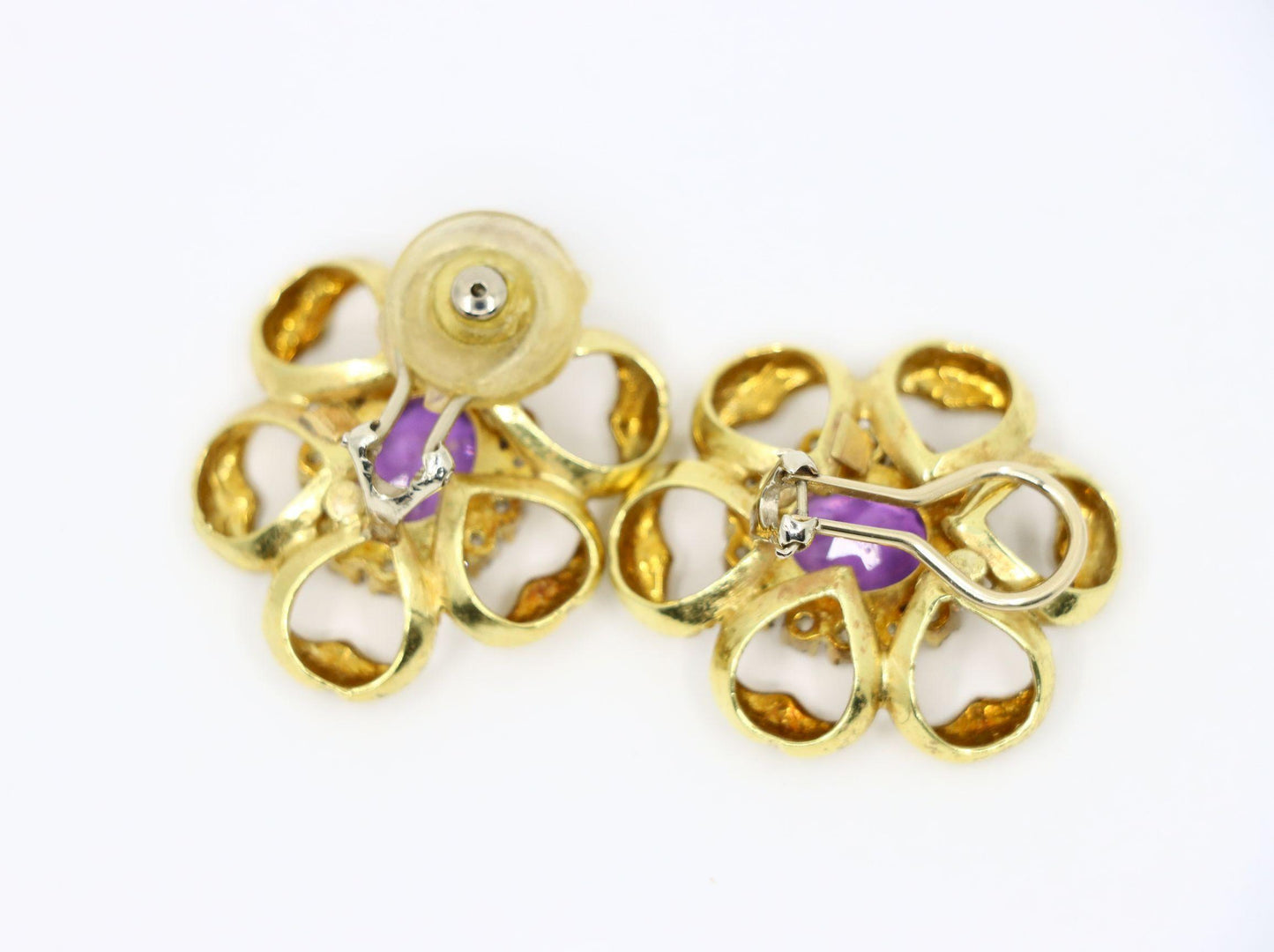 18K Gold Amethyst Diamond Flower Earrings
