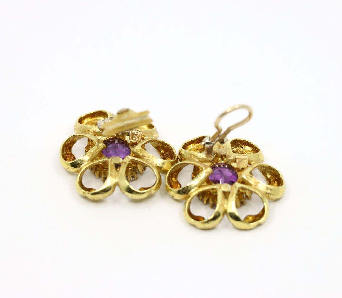 18K Gold Amethyst Diamond Flower Earrings