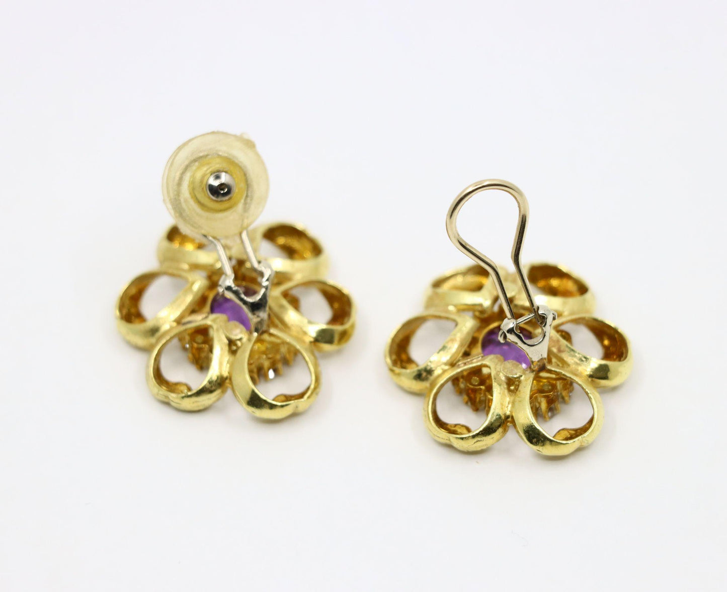 18K Gold Amethyst Diamond Flower Earrings