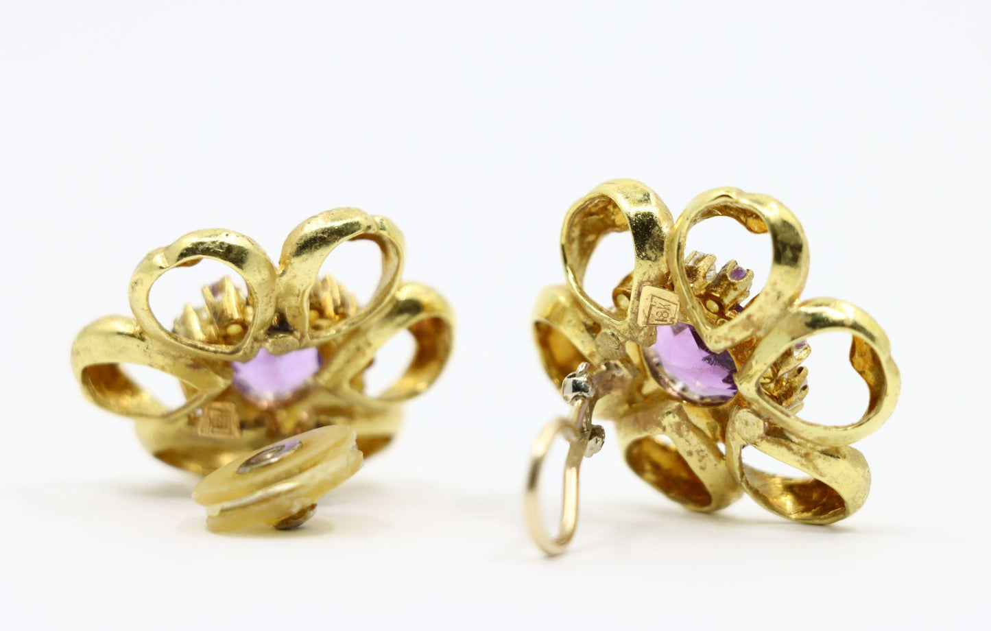 18K Gold Amethyst Diamond Flower Earrings