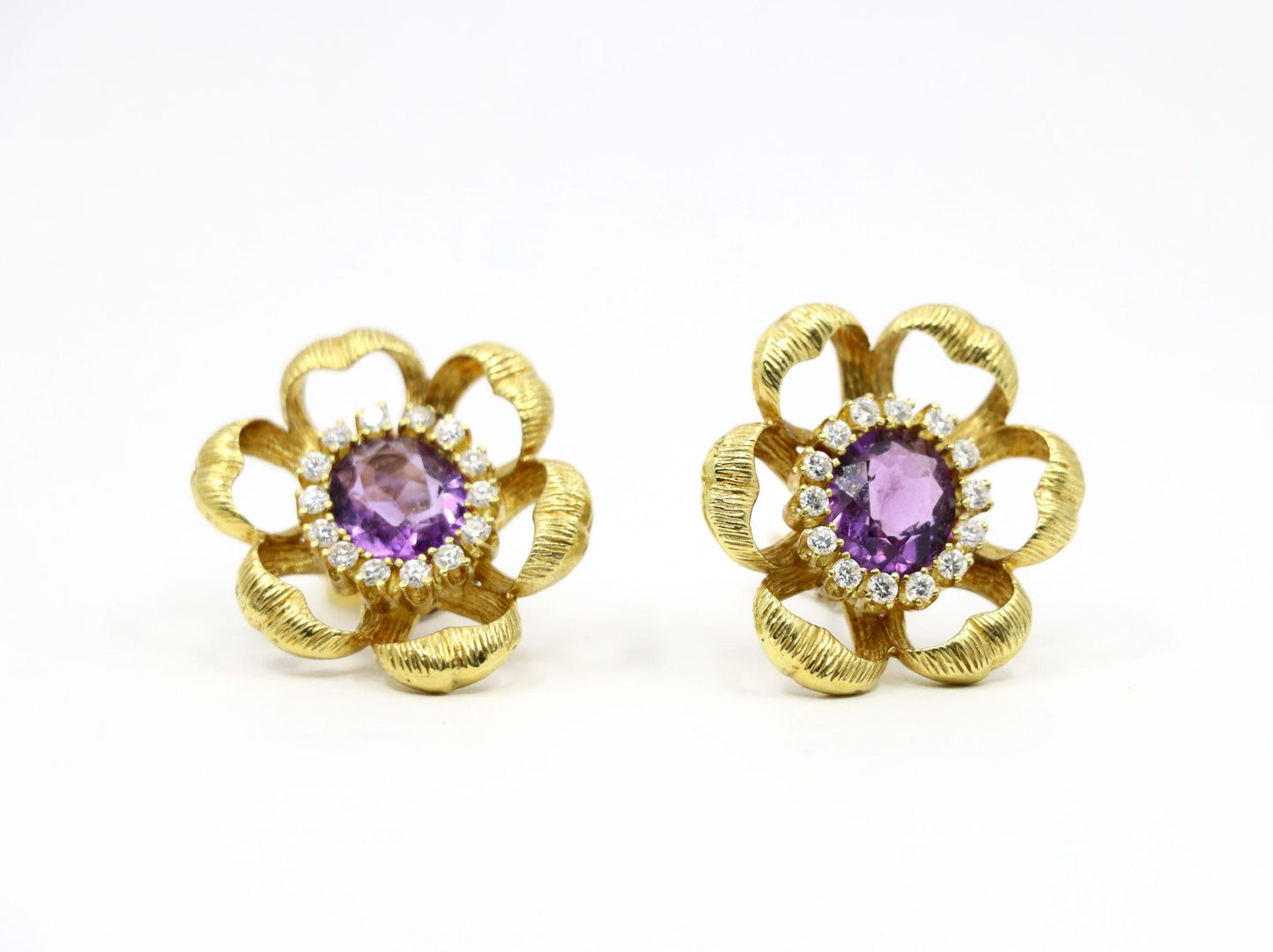 18K Gold Amethyst Diamond Flower Earrings
