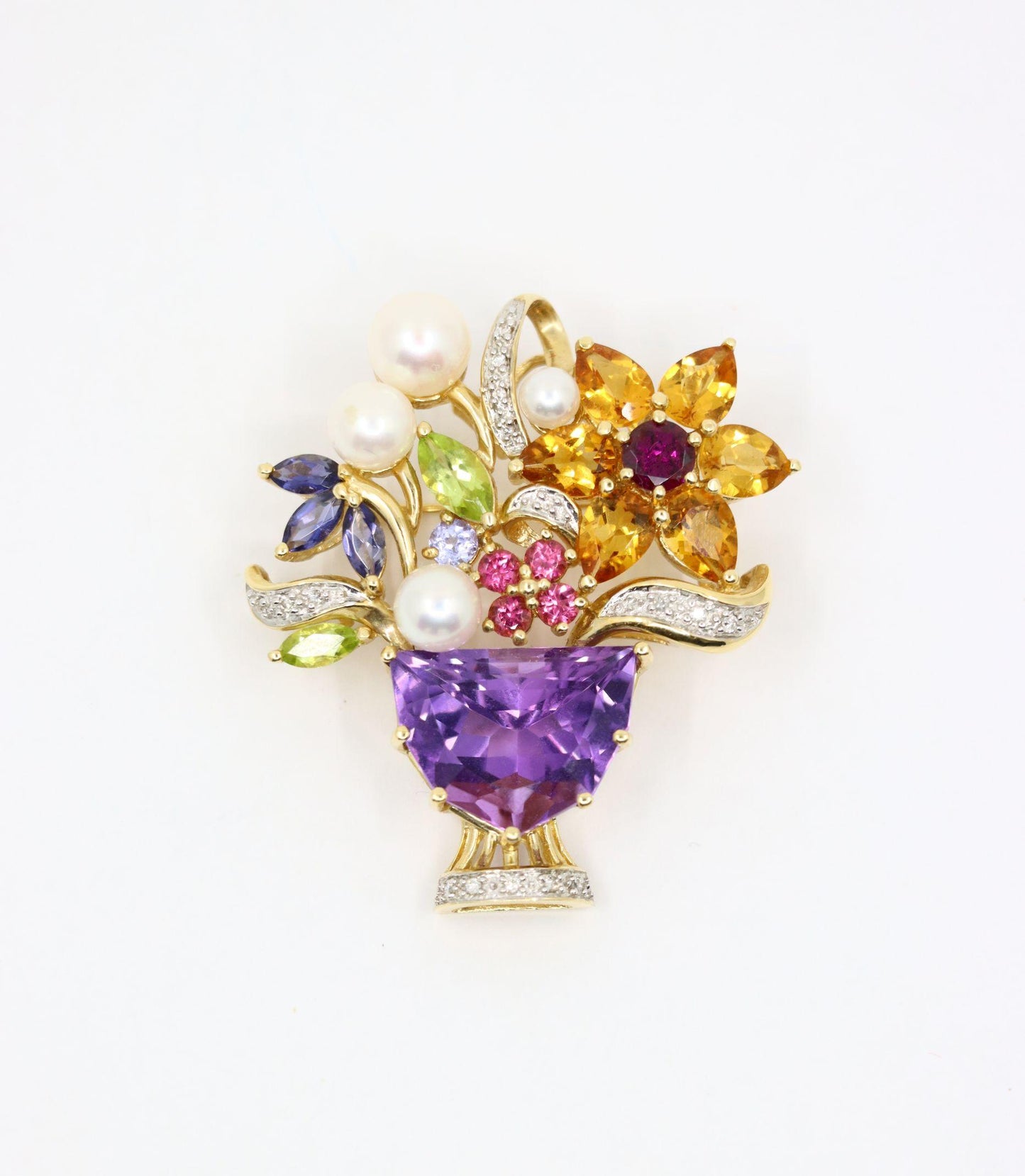 14K Gold Muti-Gemstone Blossom Bouquet Brooch