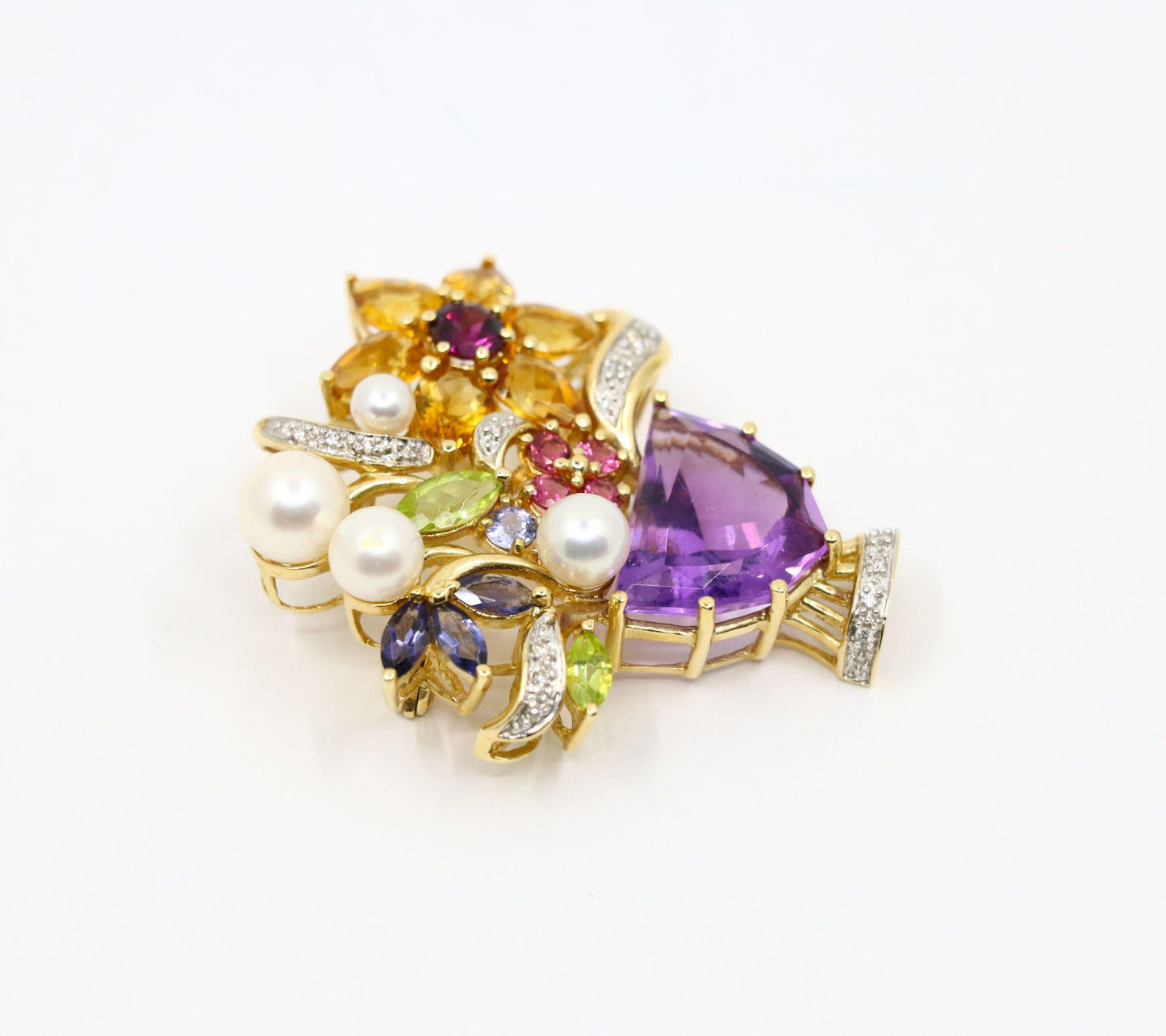 14K Gold Muti-Gemstone Blossom Bouquet Brooch