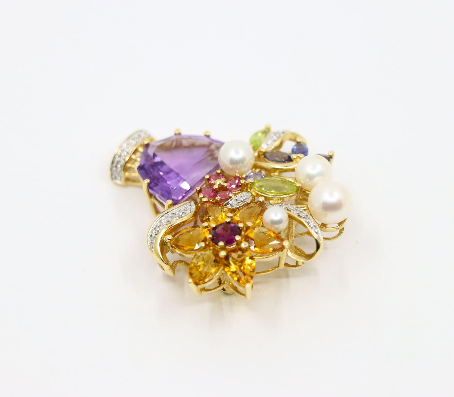 14K Gold Muti-Gemstone Blossom Bouquet Brooch