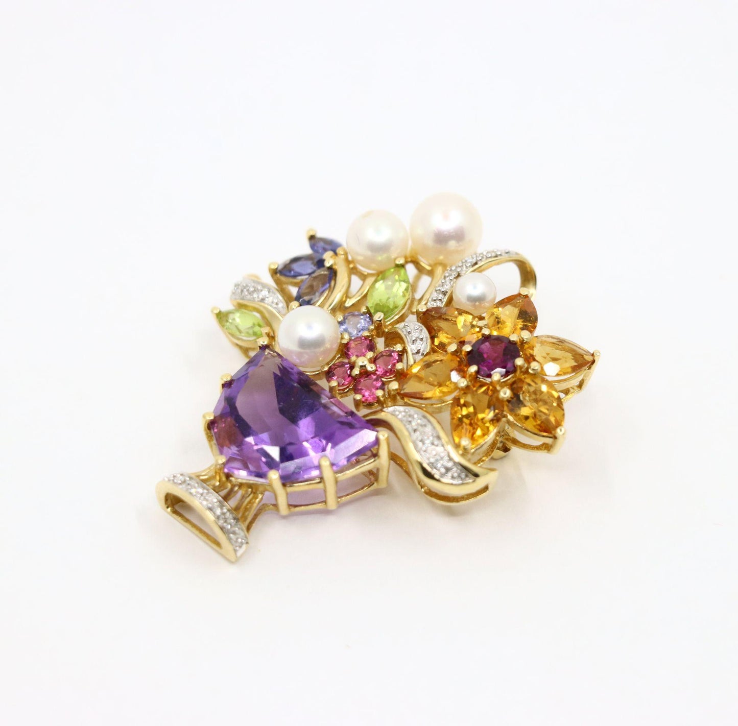14K Gold Muti-Gemstone Blossom Bouquet Brooch
