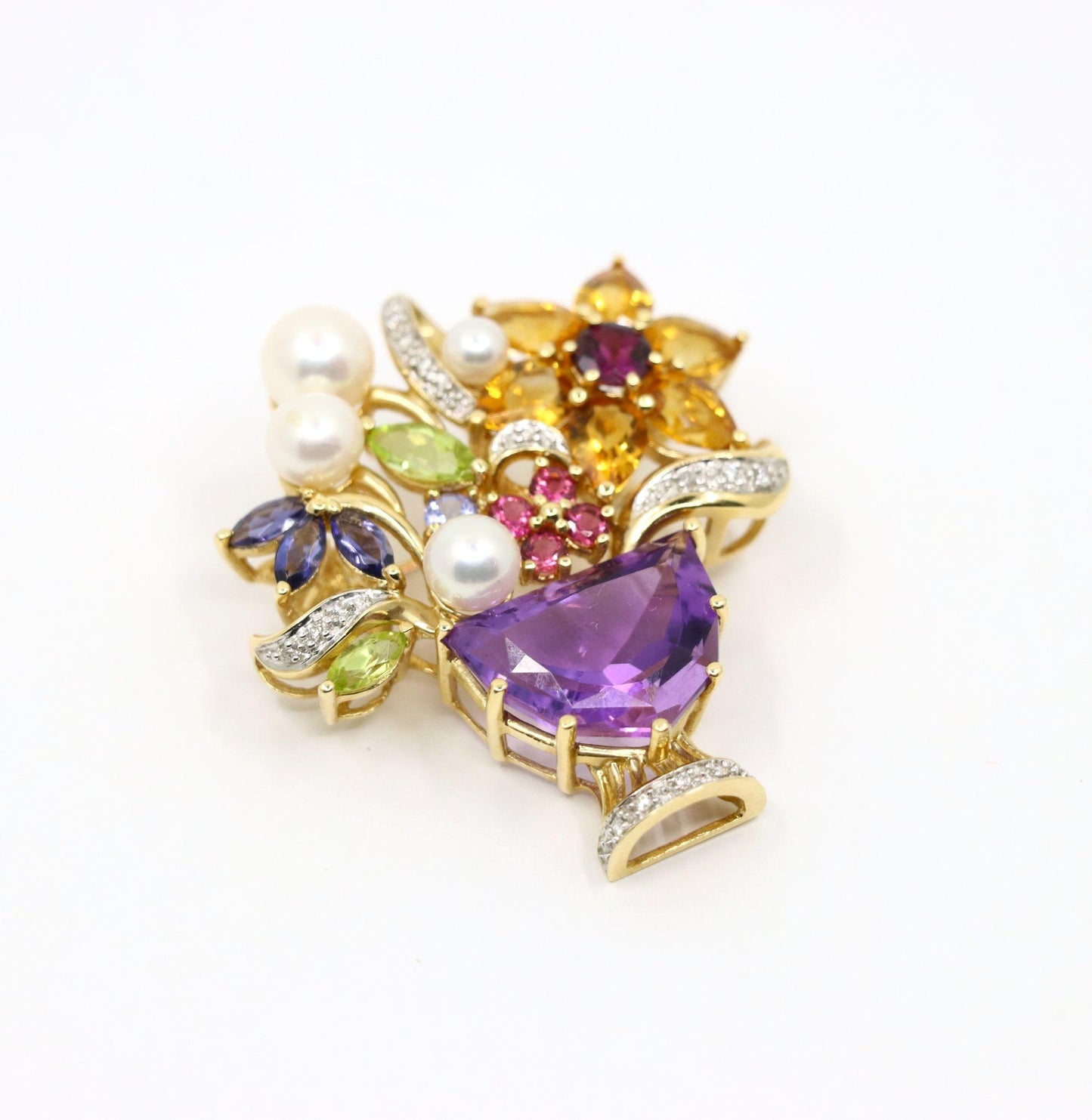 14K Gold Muti-Gemstone Blossom Bouquet Brooch