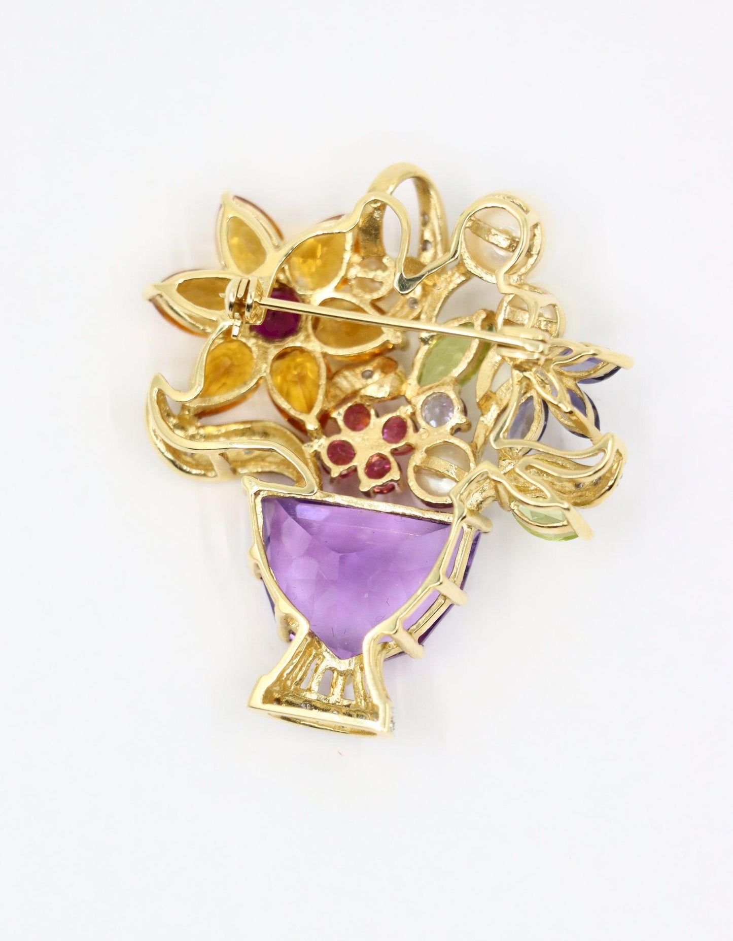 14K Gold Muti-Gemstone Blossom Bouquet Brooch