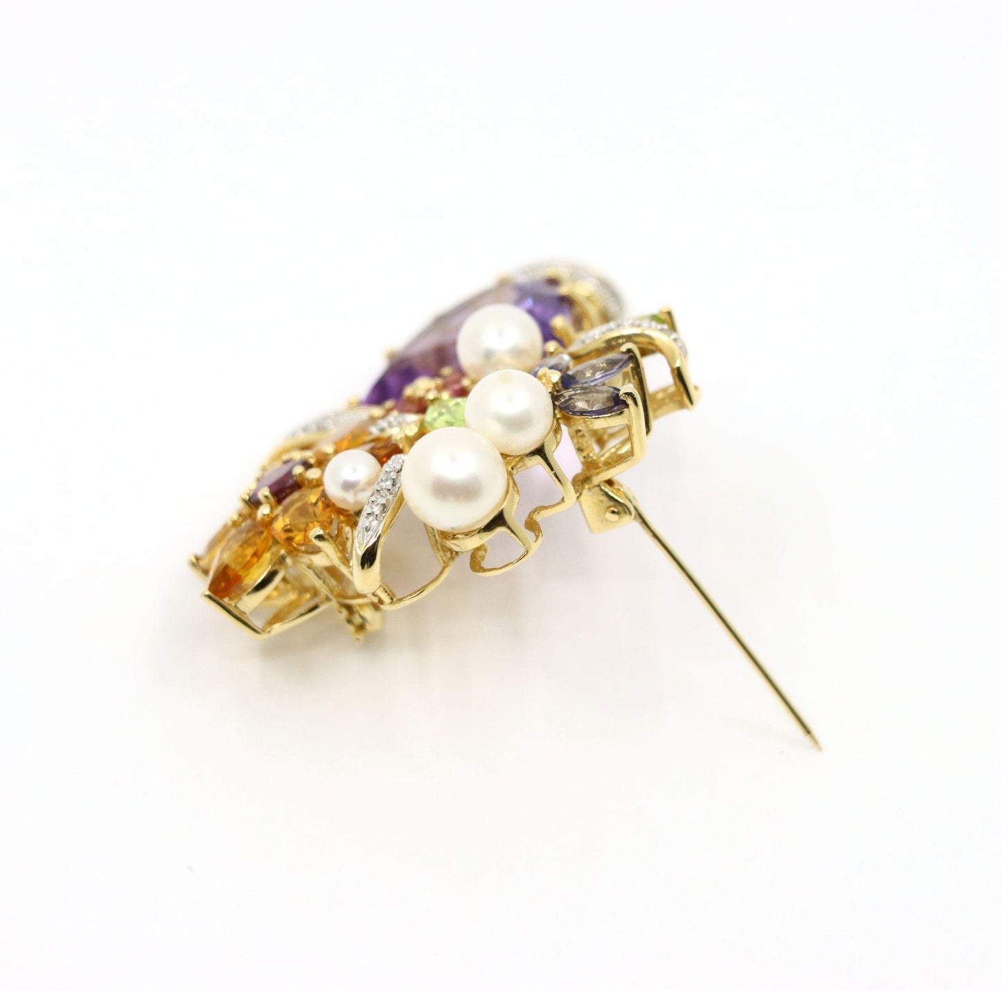 14K Gold Muti-Gemstone Blossom Bouquet Brooch