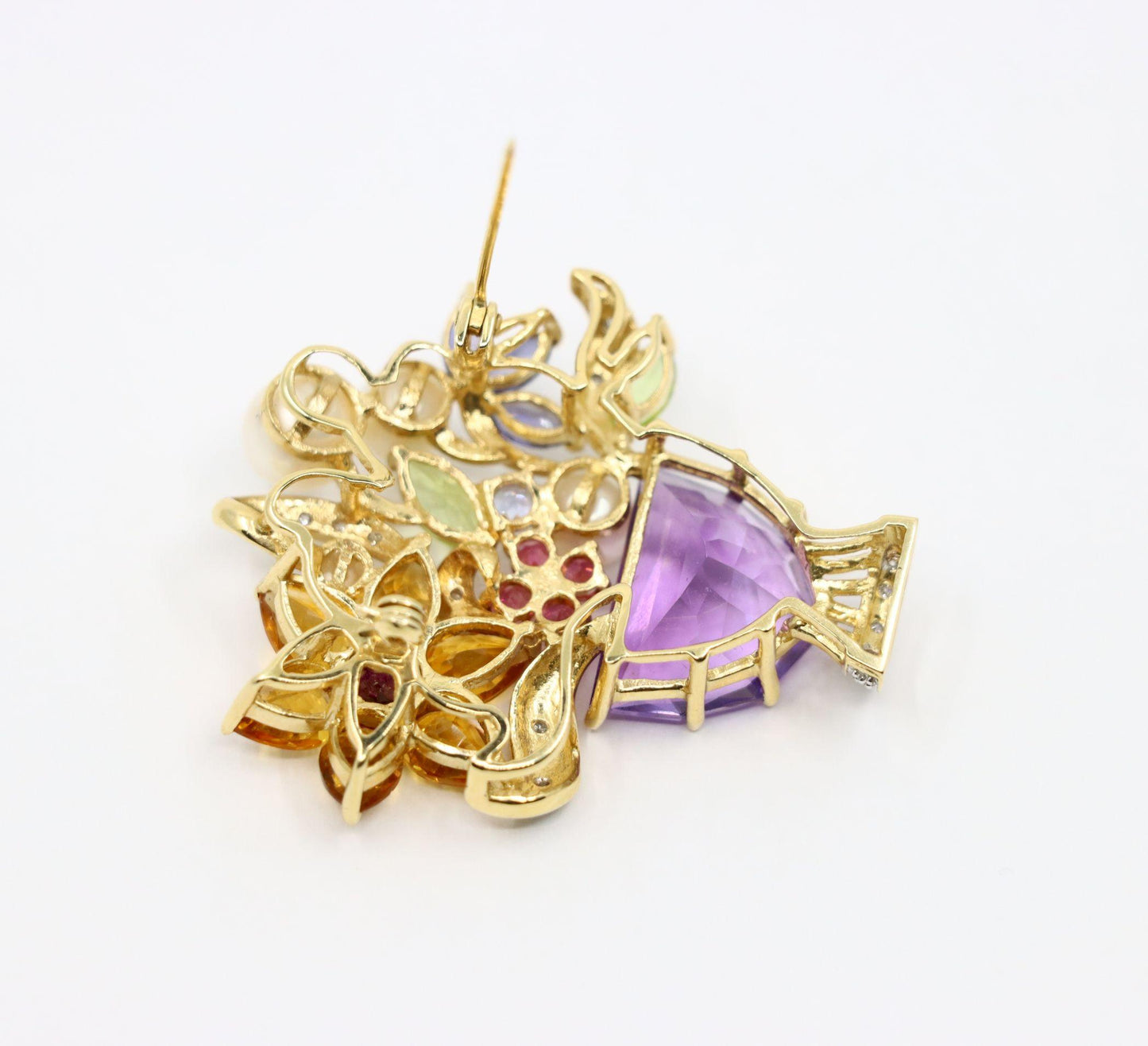 14K Gold Muti-Gemstone Blossom Bouquet Brooch