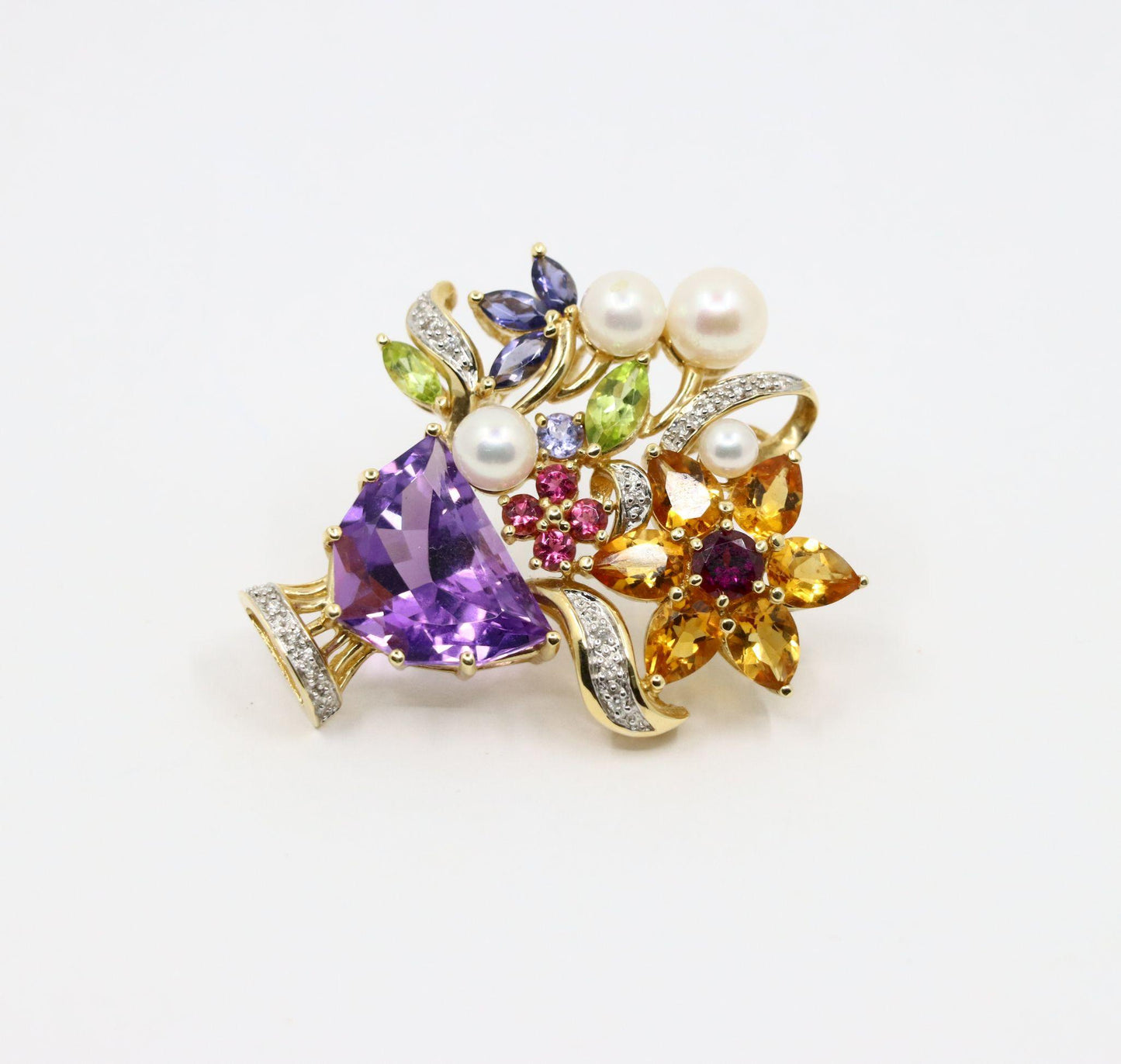 14K Gold Muti-Gemstone Blossom Bouquet Brooch