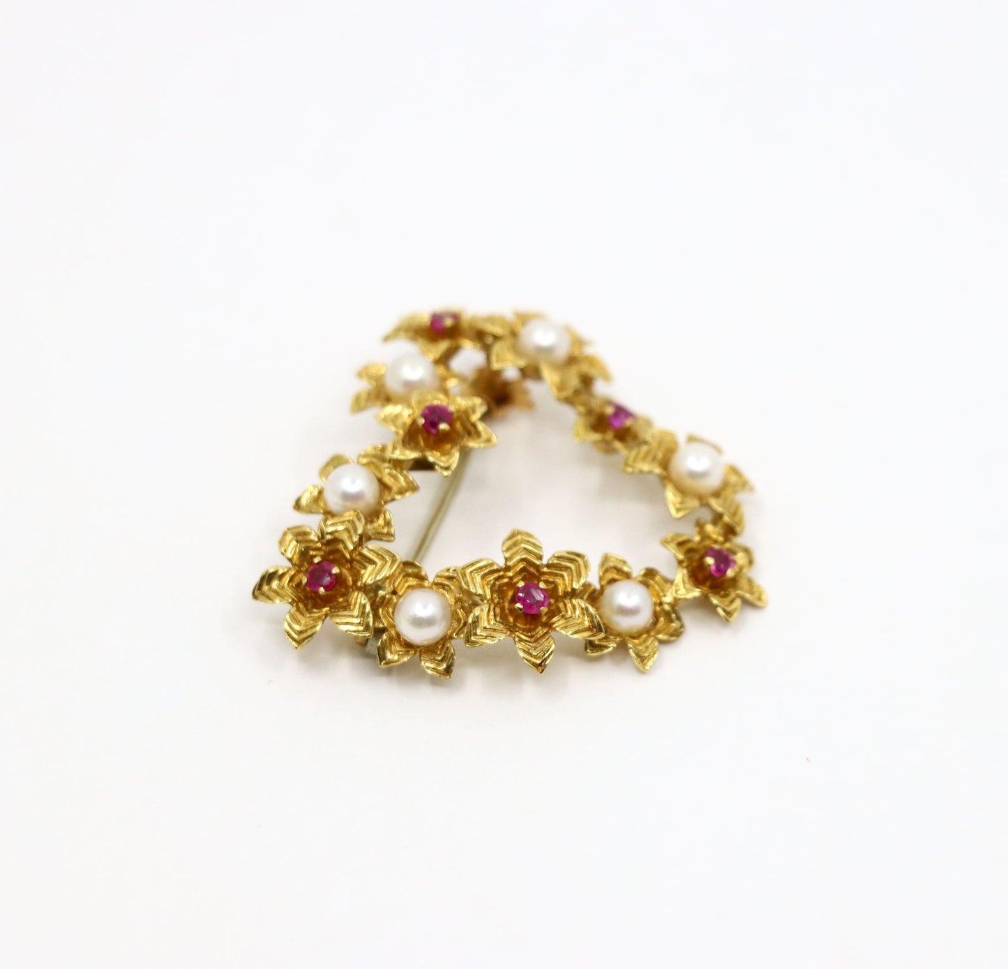 Vintage Tiffany & Co. 18k Gold Ruby Pearl Heart Brooch Pin