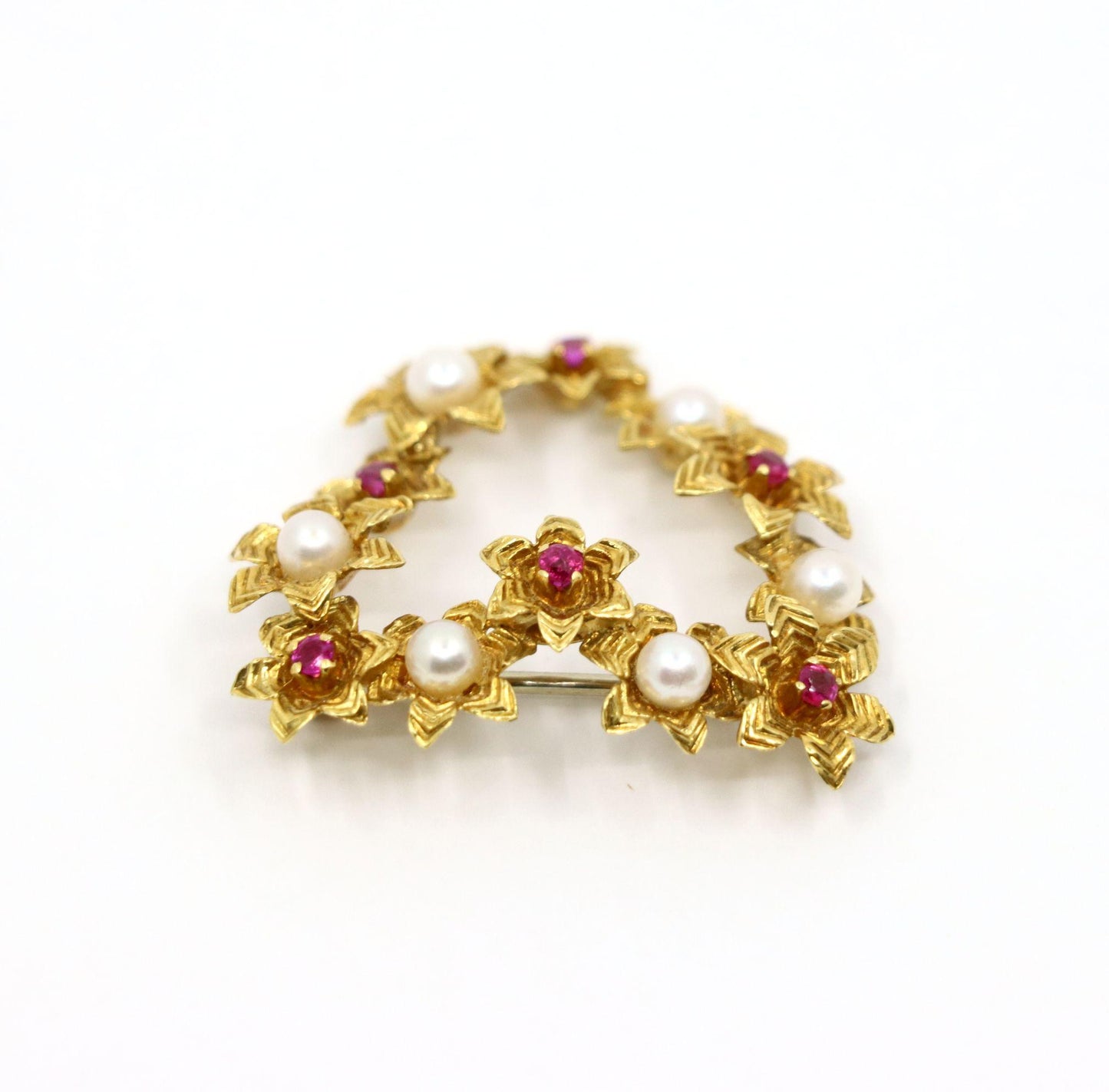 Vintage Tiffany & Co. 18k Gold Ruby Pearl Heart Brooch Pin