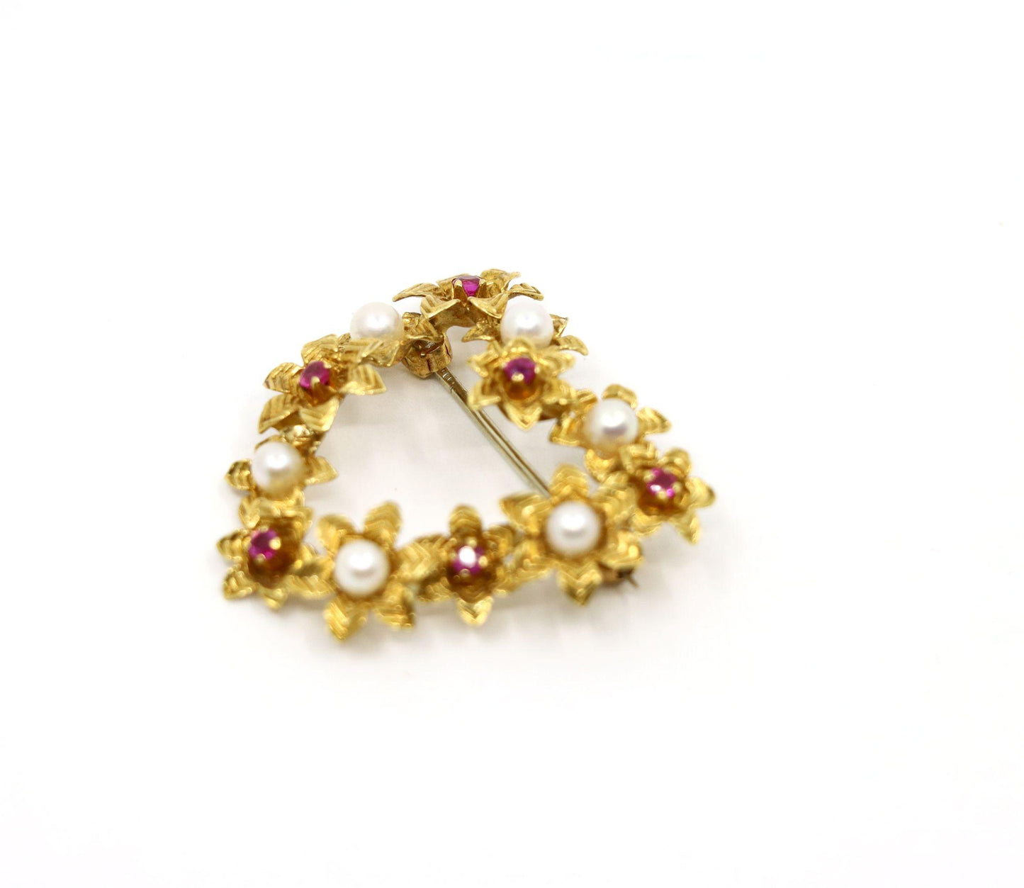 Vintage Tiffany & Co. 18k Gold Ruby Pearl Heart Brooch Pin