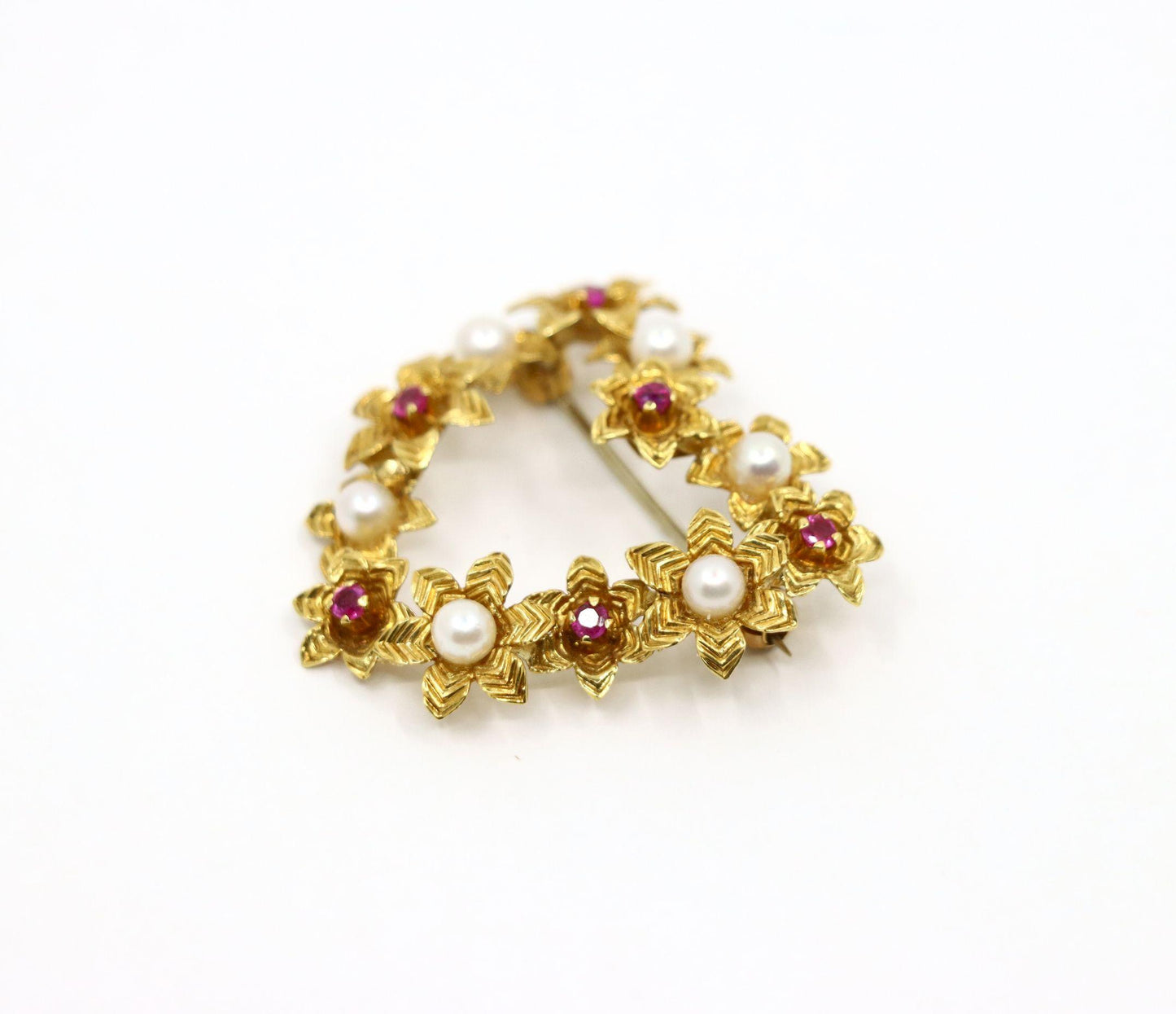 Vintage Tiffany & Co. 18k Gold Ruby Pearl Heart Brooch Pin