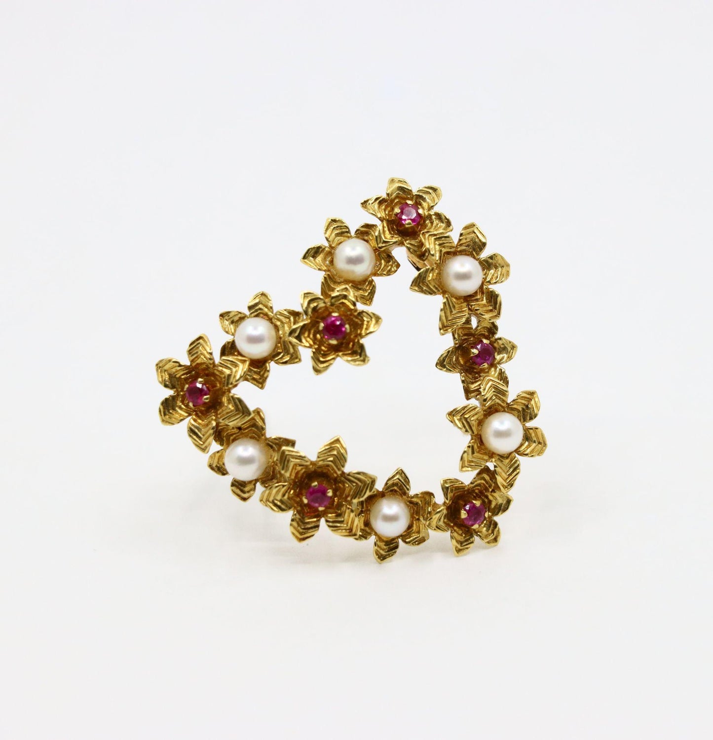 Vintage Tiffany & Co. 18k Gold Ruby Pearl Heart Brooch Pin