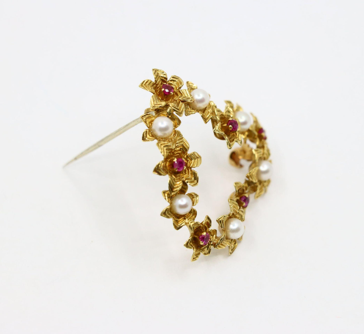 Vintage Tiffany & Co. 18k Gold Ruby Pearl Heart Brooch Pin