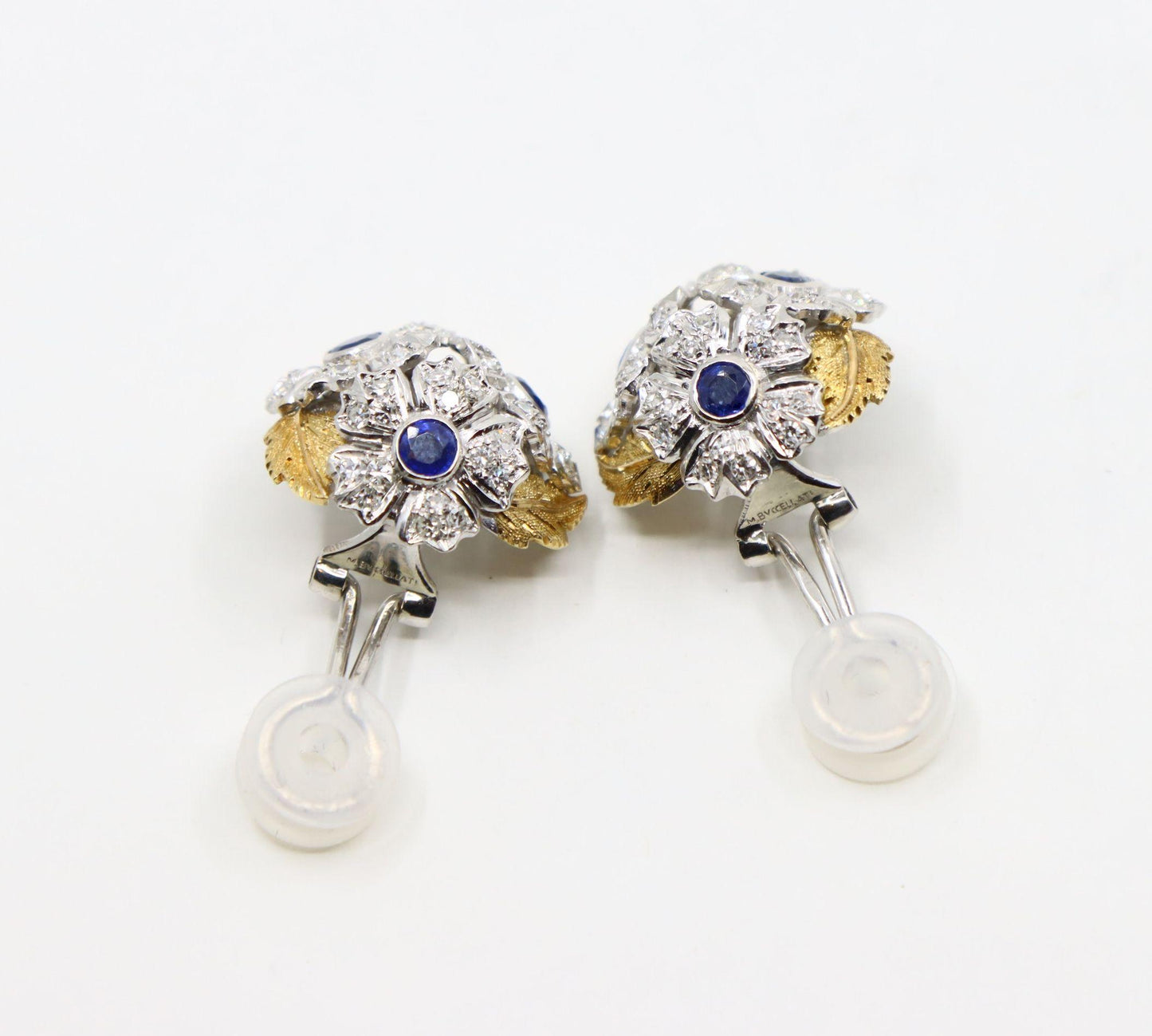 Rare Buccellati 18K Gold & Platinum Sapphire Diamond Flower Set Earrings