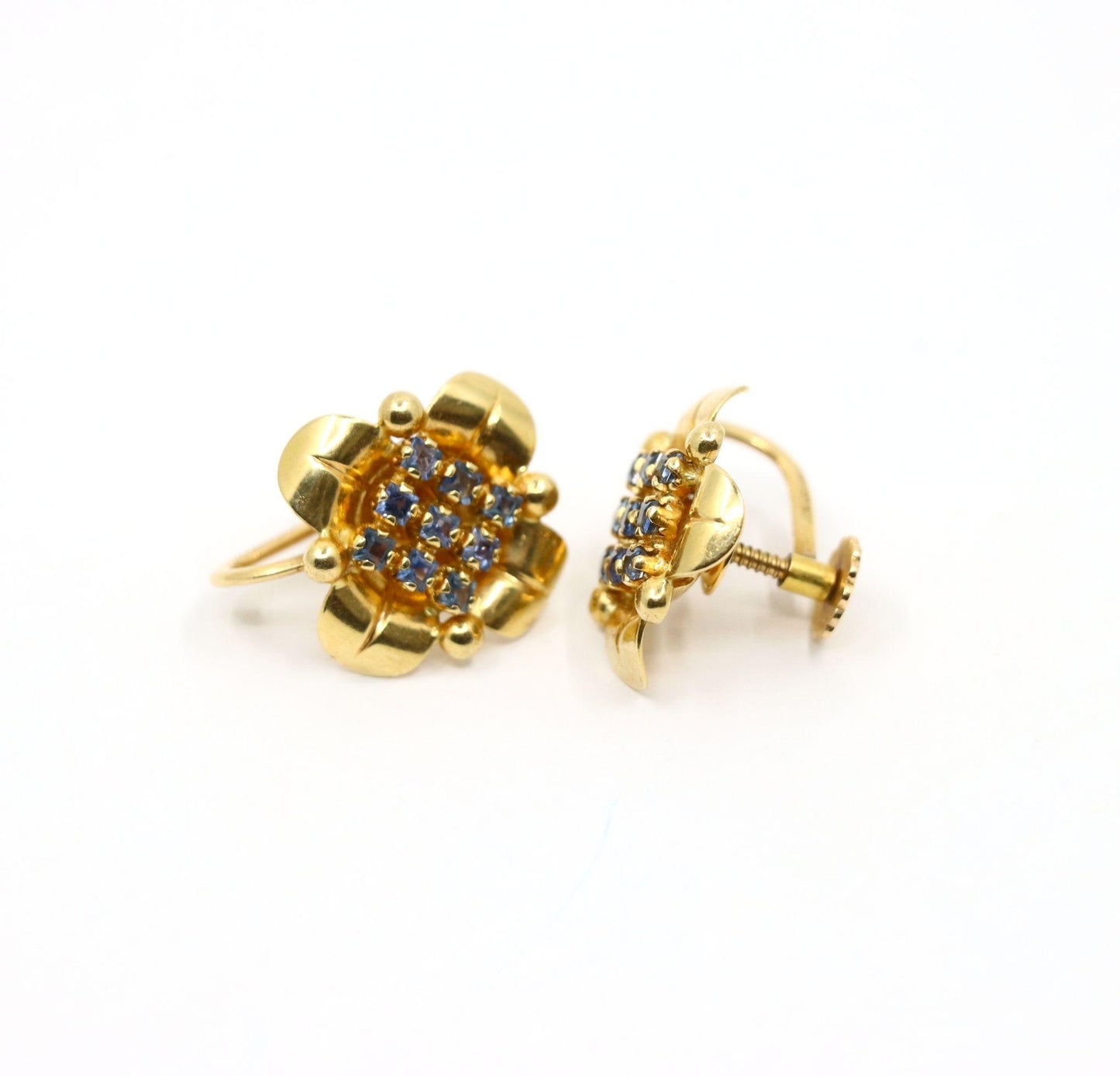 Tiffany & Co Retro 14K Gold Sapphire Flower Earrings