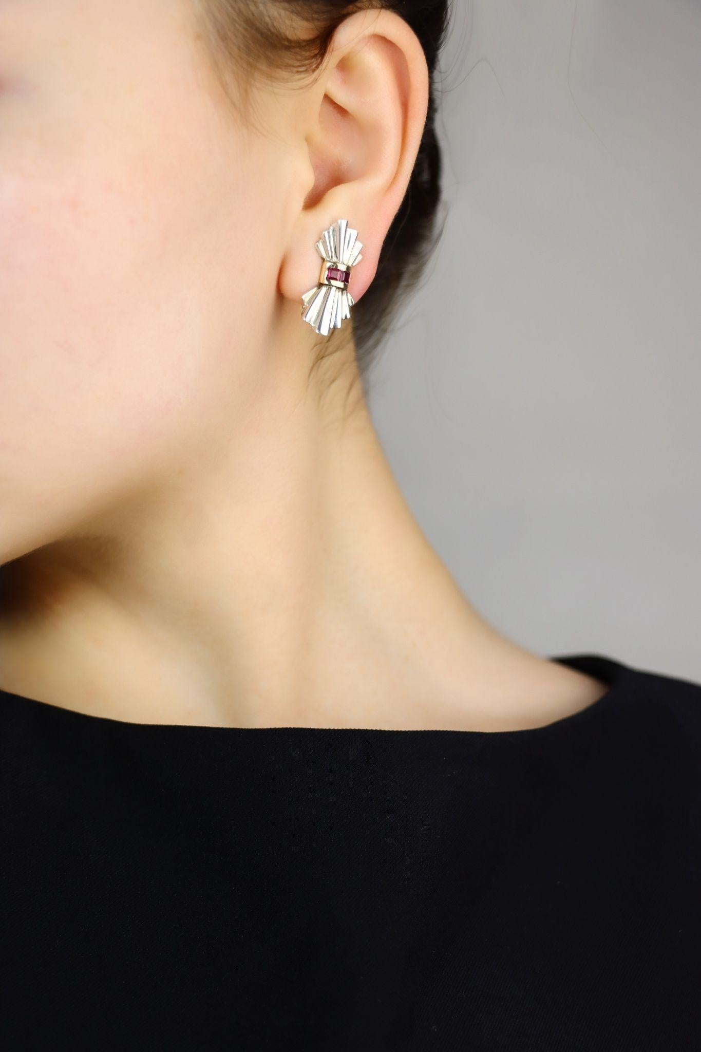 Tiffany & Co. 14K Gold Silver Ruby Bow Clip Earrings