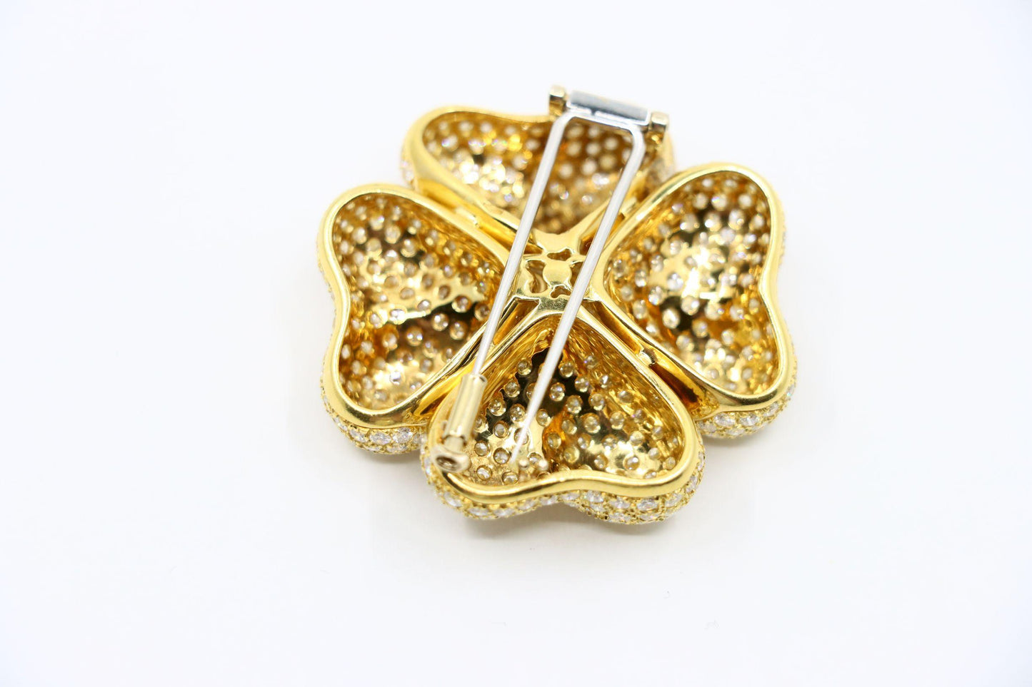 18K Gold Four Leaf Clover Diamonds Brooch