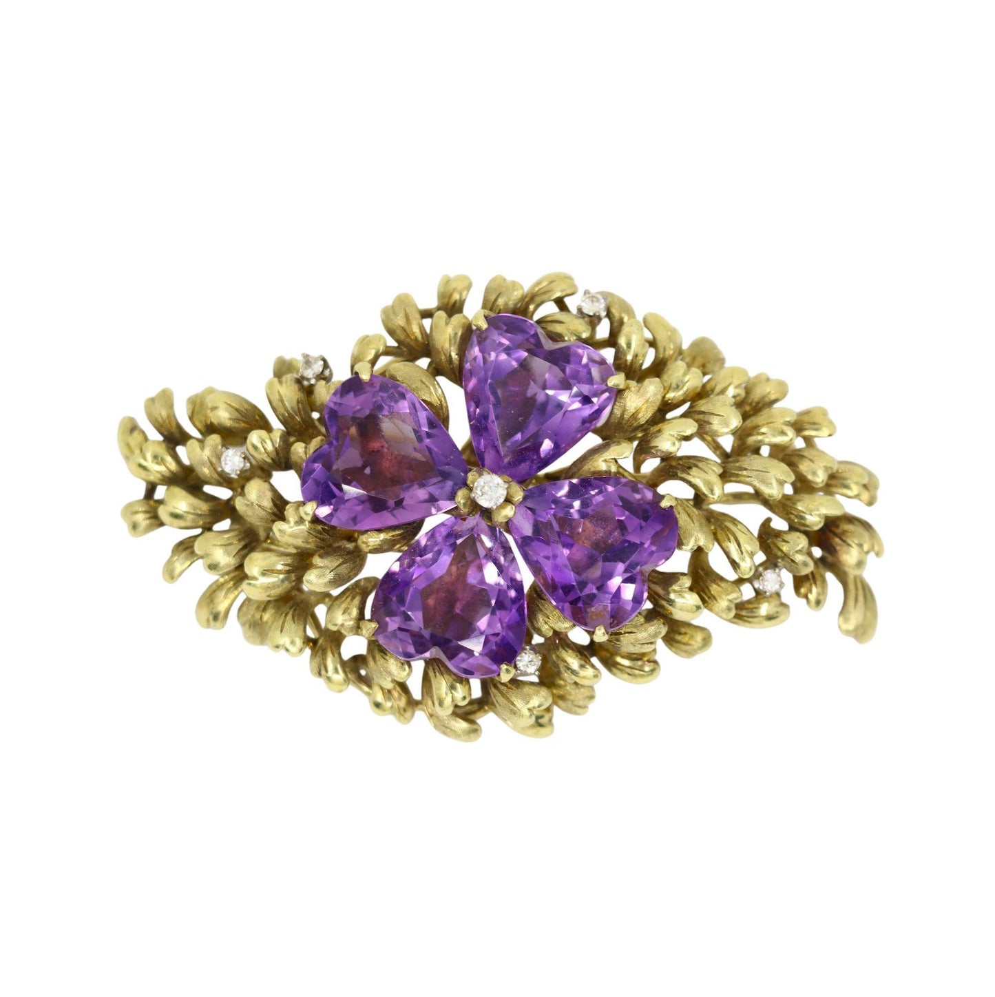 14K Gold Four Leaf Clover Amethyst Diamonds Brooch