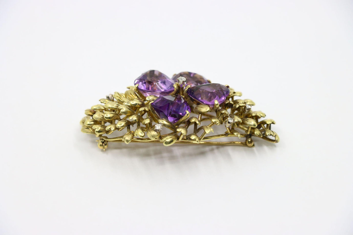 14K Gold Four Leaf Clover Amethyst Diamonds Brooch