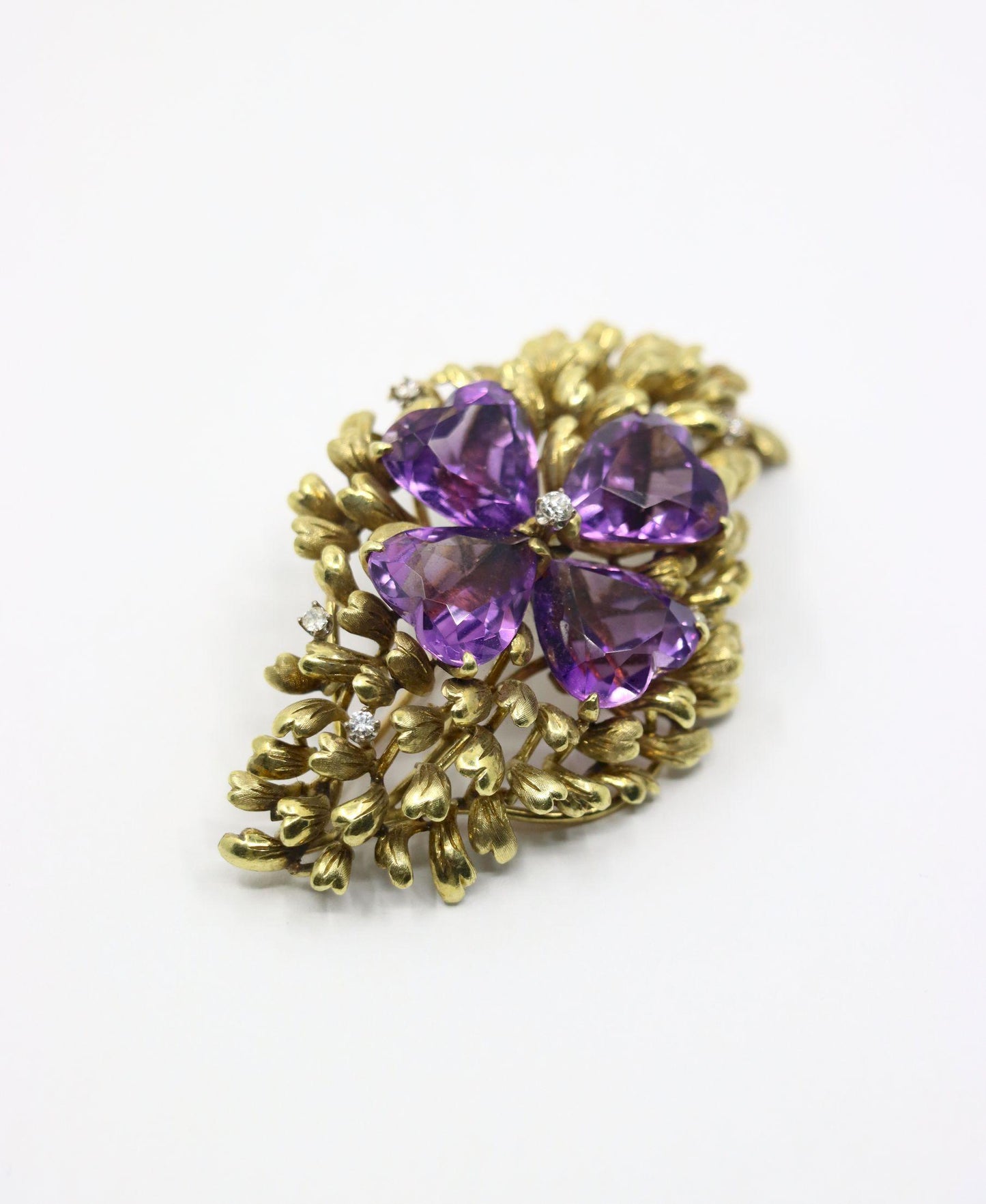 14K Gold Four Leaf Clover Amethyst Diamonds Brooch