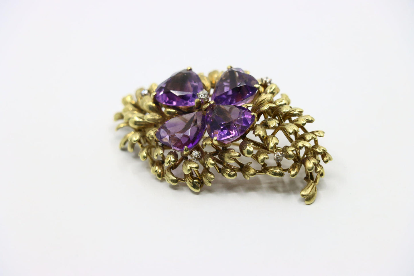 14K Gold Four Leaf Clover Amethyst Diamonds Brooch