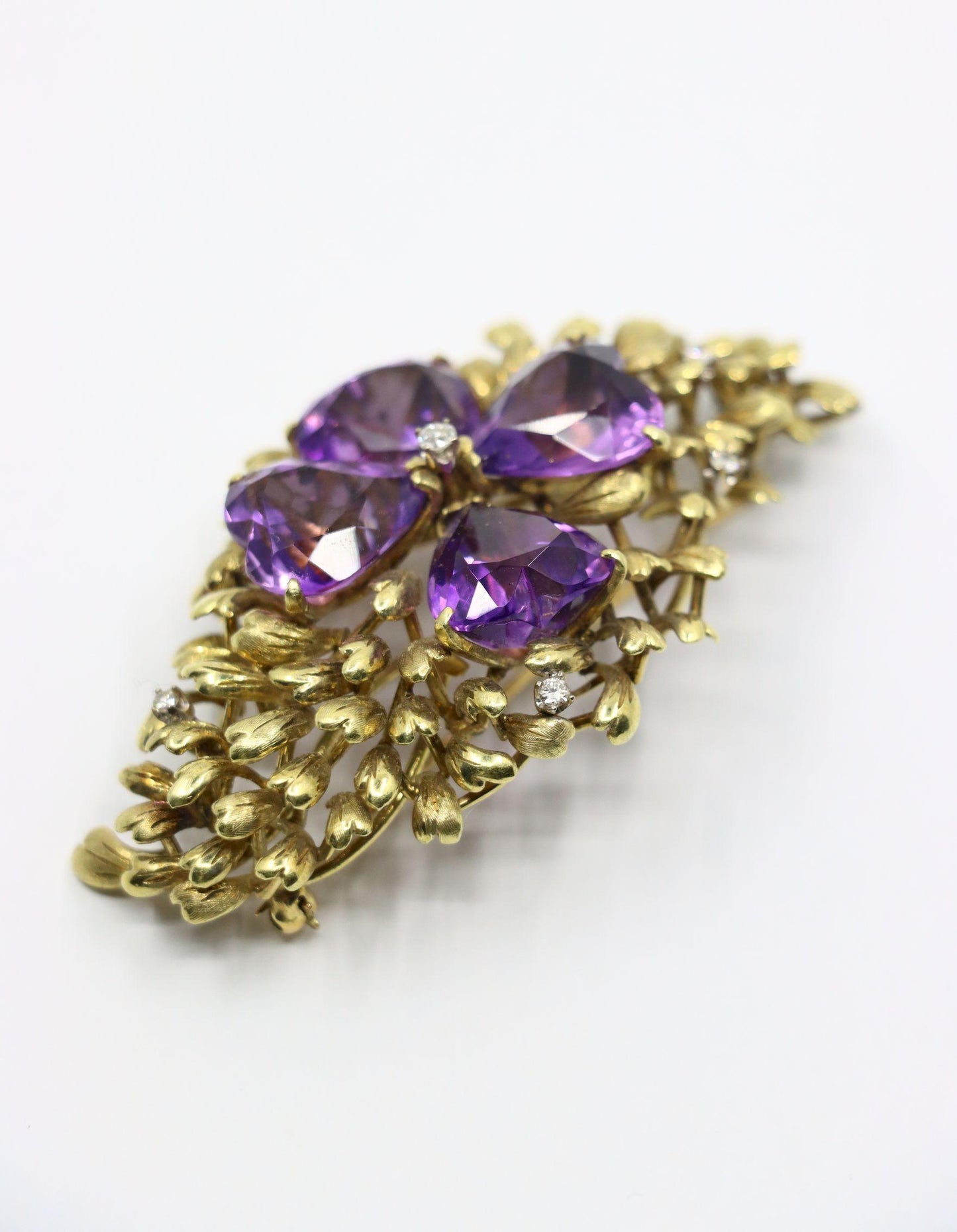 14K Gold Four Leaf Clover Amethyst Diamonds Brooch