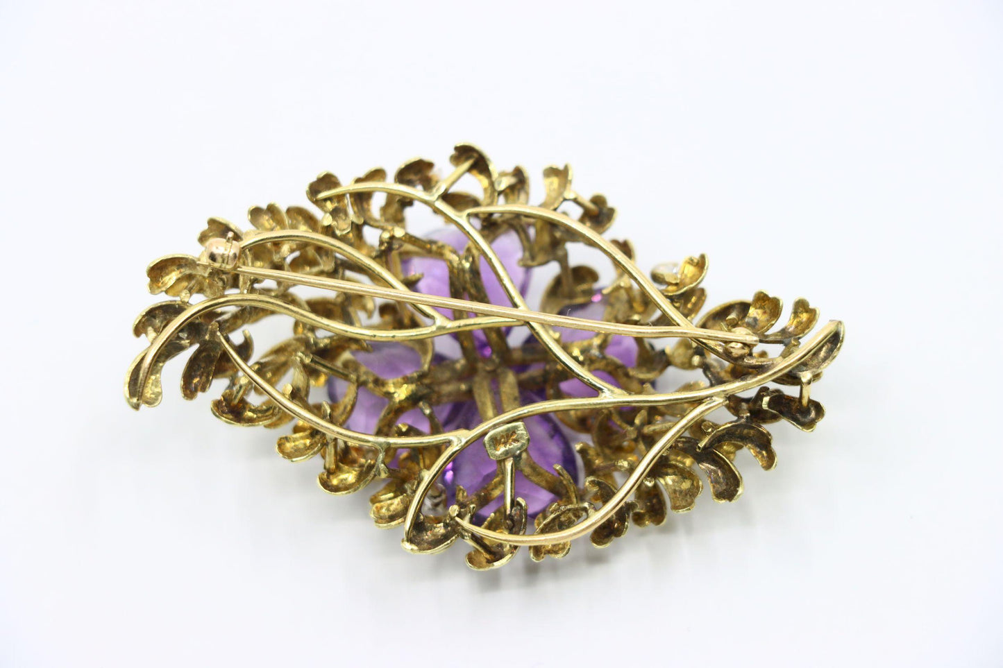 14K Gold Four Leaf Clover Amethyst Diamonds Brooch