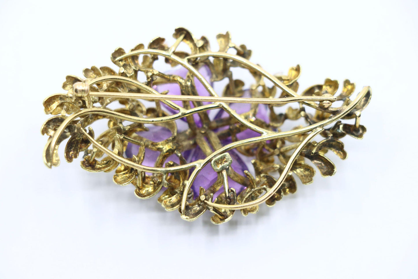 14K Gold Four Leaf Clover Amethyst Diamonds Brooch