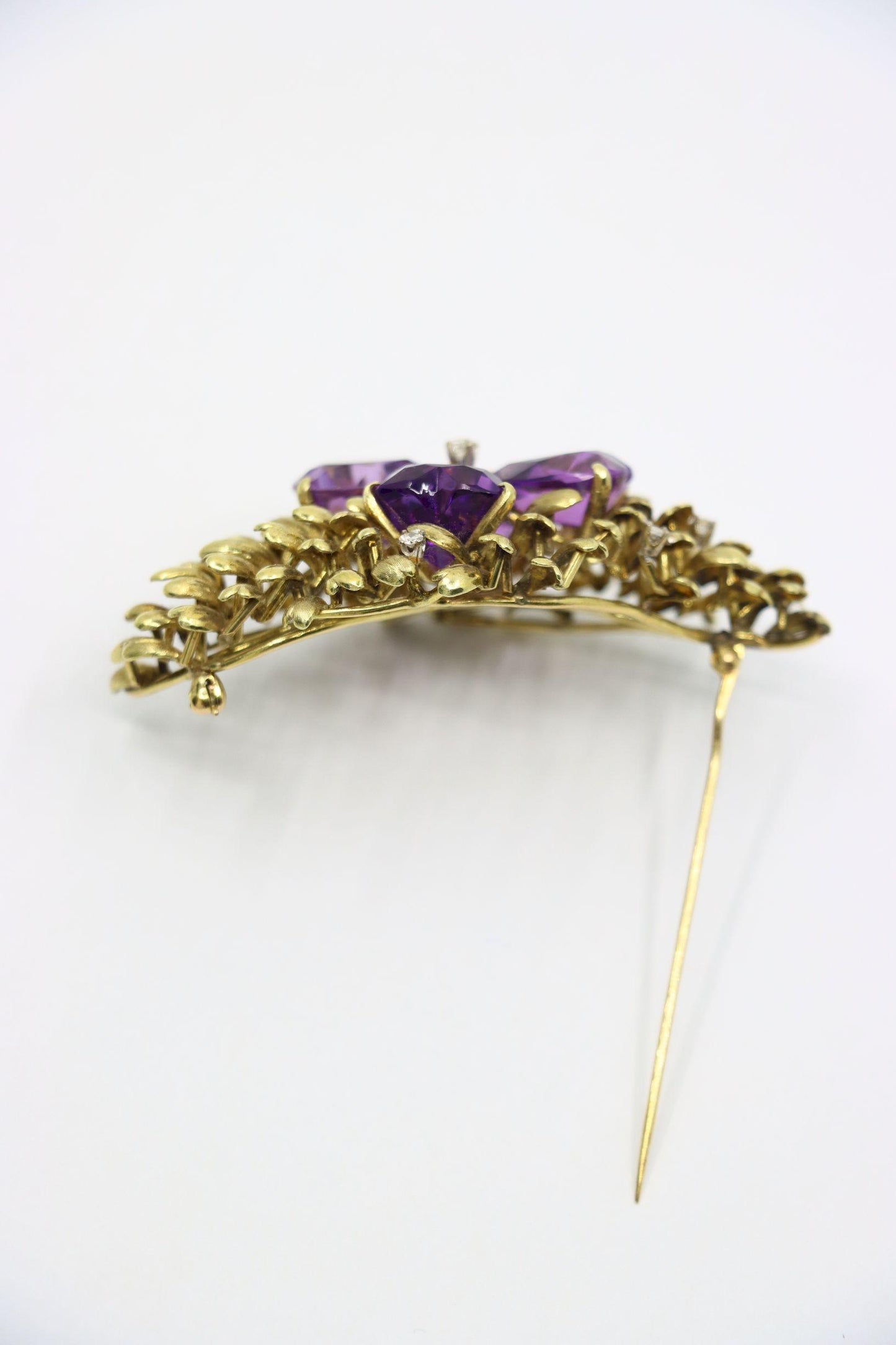14K Gold Four Leaf Clover Amethyst Diamonds Brooch