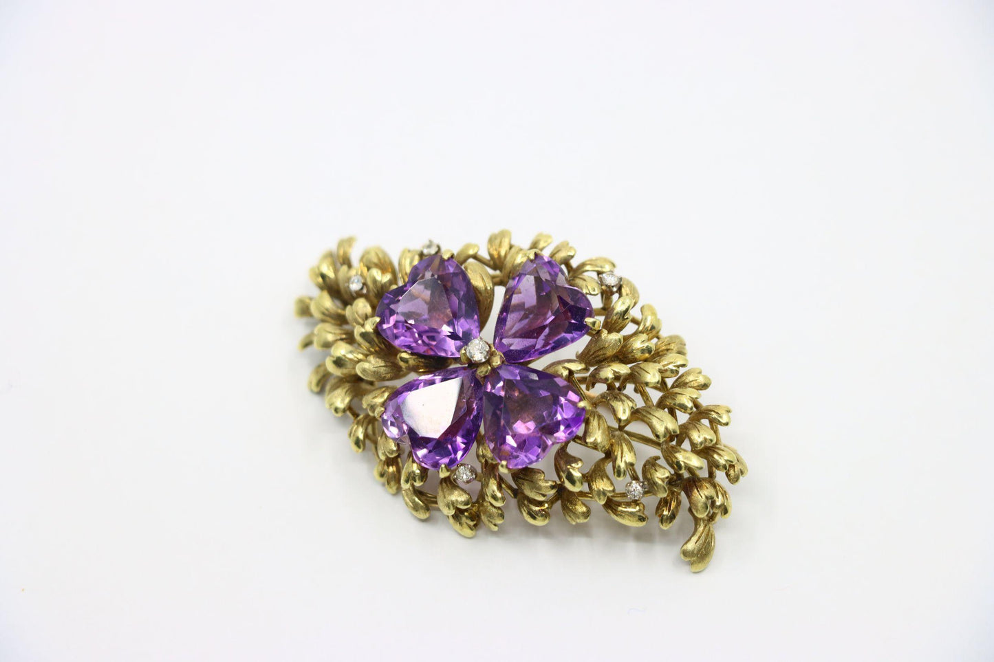 14K Gold Four Leaf Clover Amethyst Diamonds Brooch