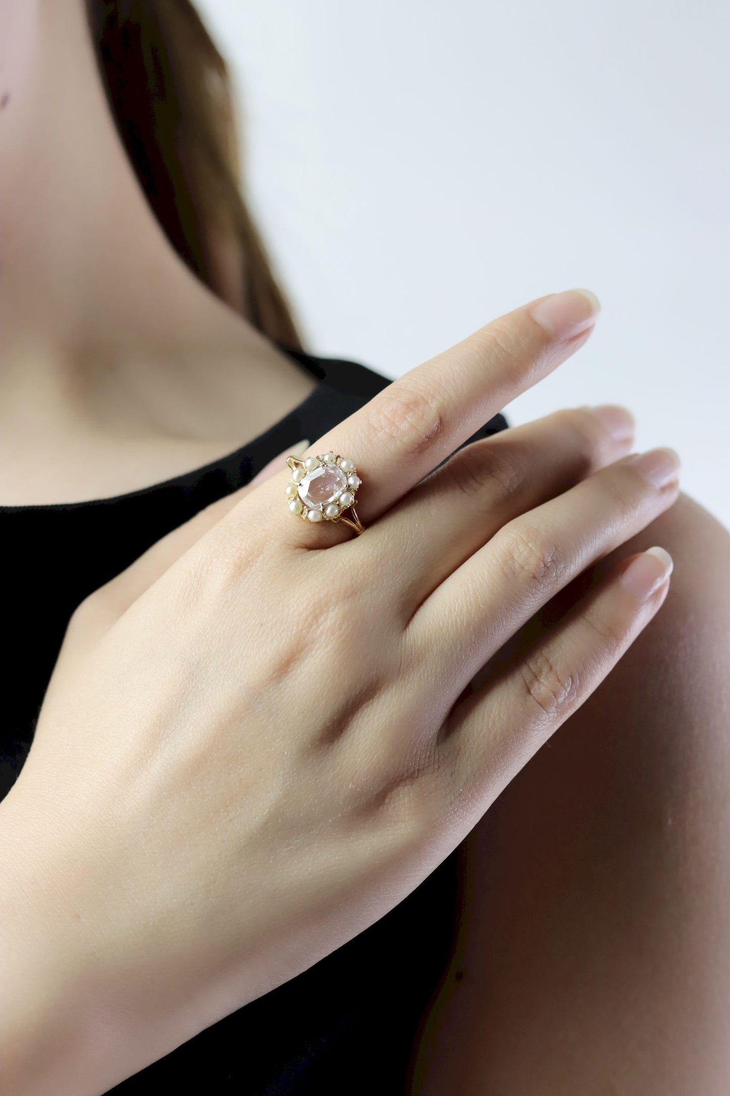 Vintage 18K Gold Rose Cut Diamond Seed Pearl Ring
