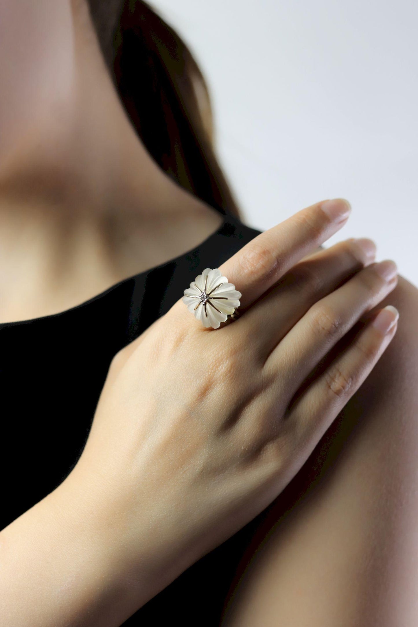 Vintage 14KT Gold Diamond Rock Crystal Dome Cocktail Ring