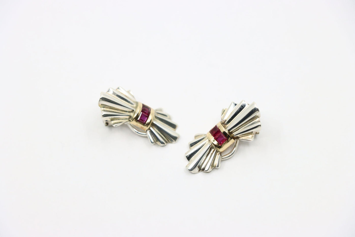 Tiffany & Co. 14K Gold Silver Ruby Bow Clip Earrings
