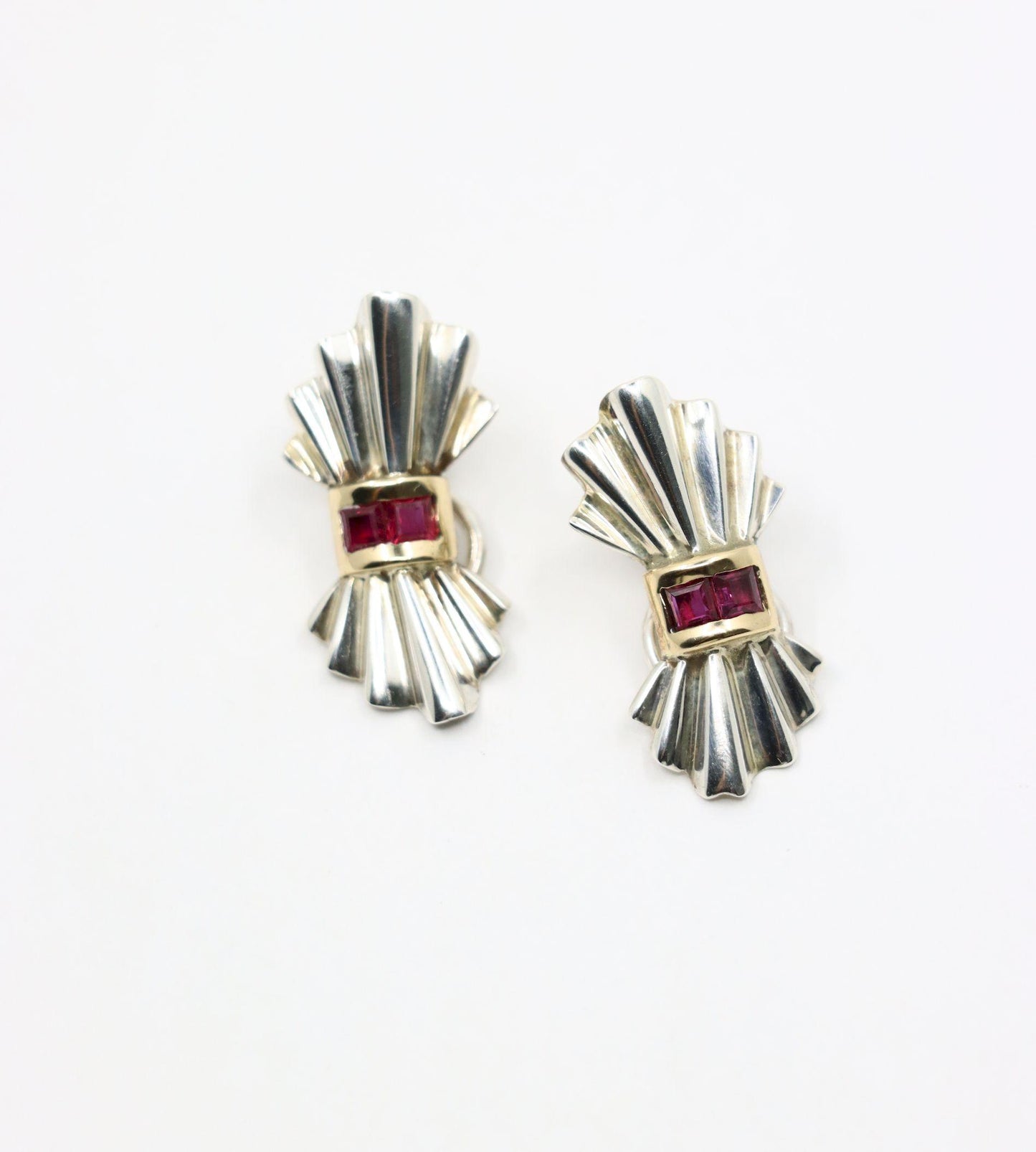 Tiffany & Co. 14K Gold Silver Ruby Bow Clip Earrings