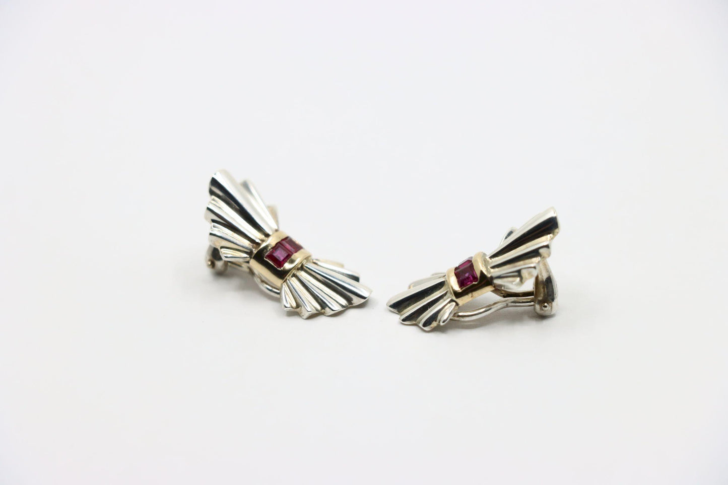 Tiffany & Co. 14K Gold Silver Ruby Bow Clip Earrings