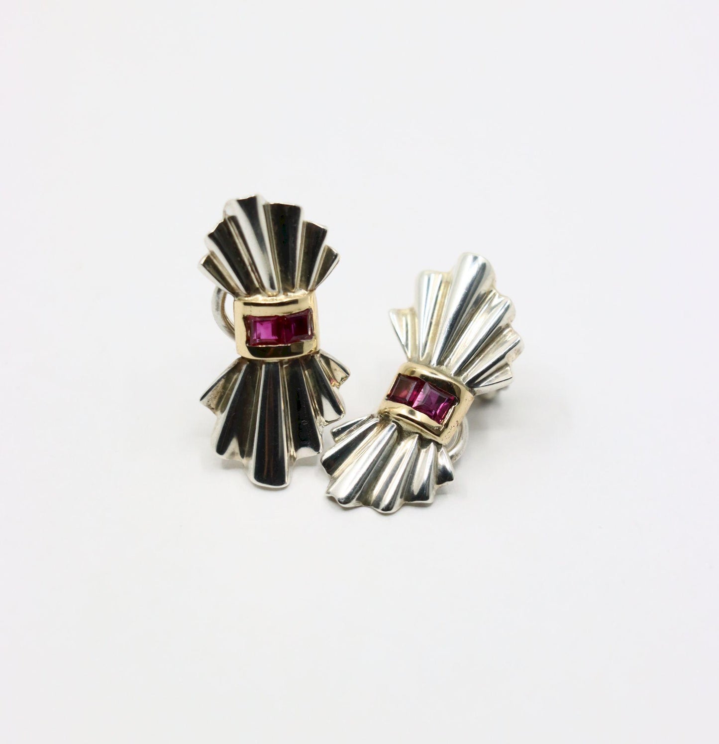 Tiffany & Co. 14K Gold Silver Ruby Bow Clip Earrings