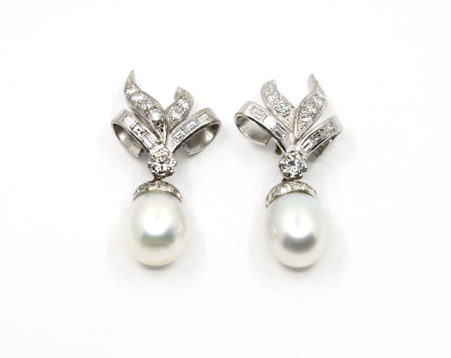 Vintage 18K White Gold Diamond Pearl Drop Earrings