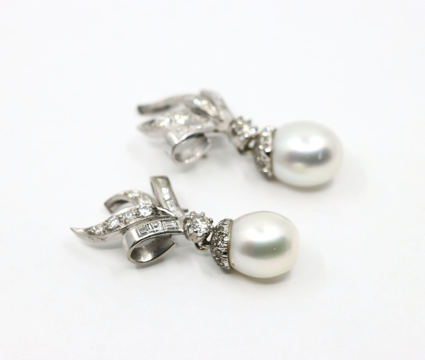 Vintage 18K White Gold Diamond Pearl Drop Earrings