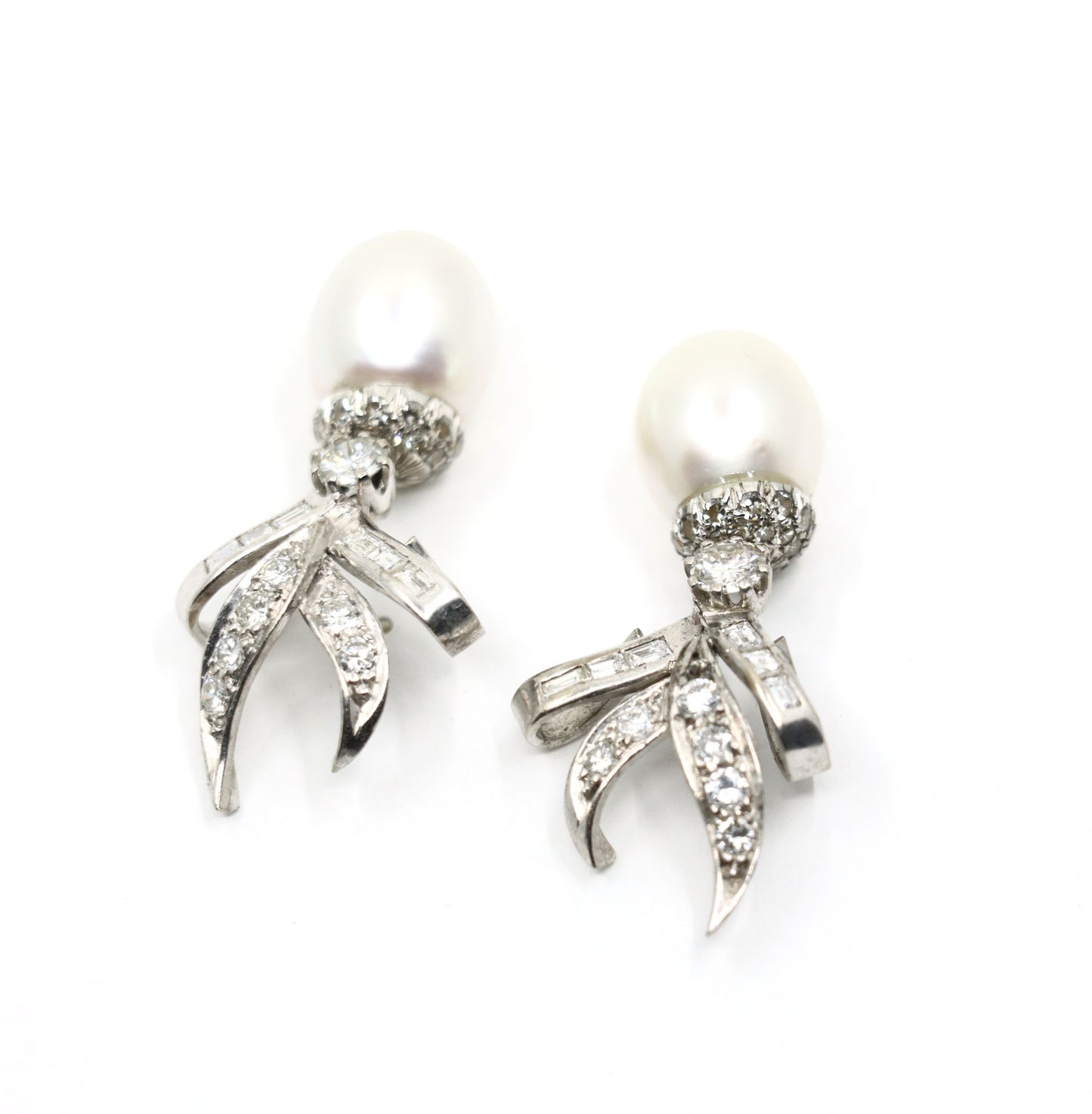 Vintage 18K White Gold Diamond Pearl Drop Earrings
