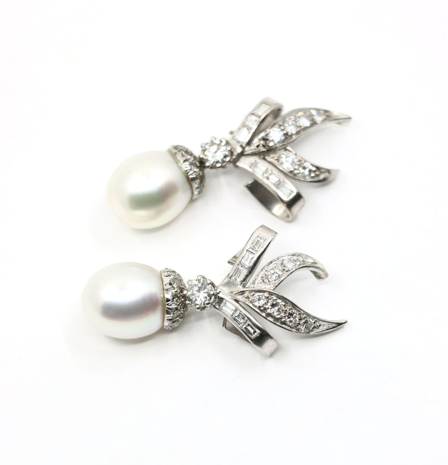 Vintage 18K White Gold Diamond Pearl Drop Earrings