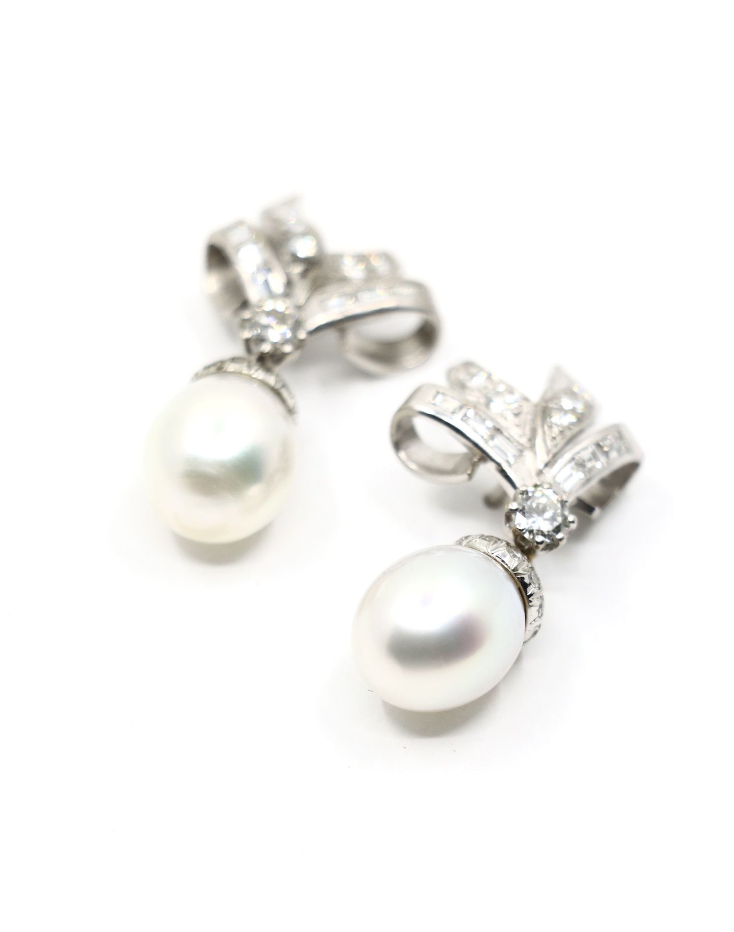 Vintage 18K White Gold Diamond Pearl Drop Earrings