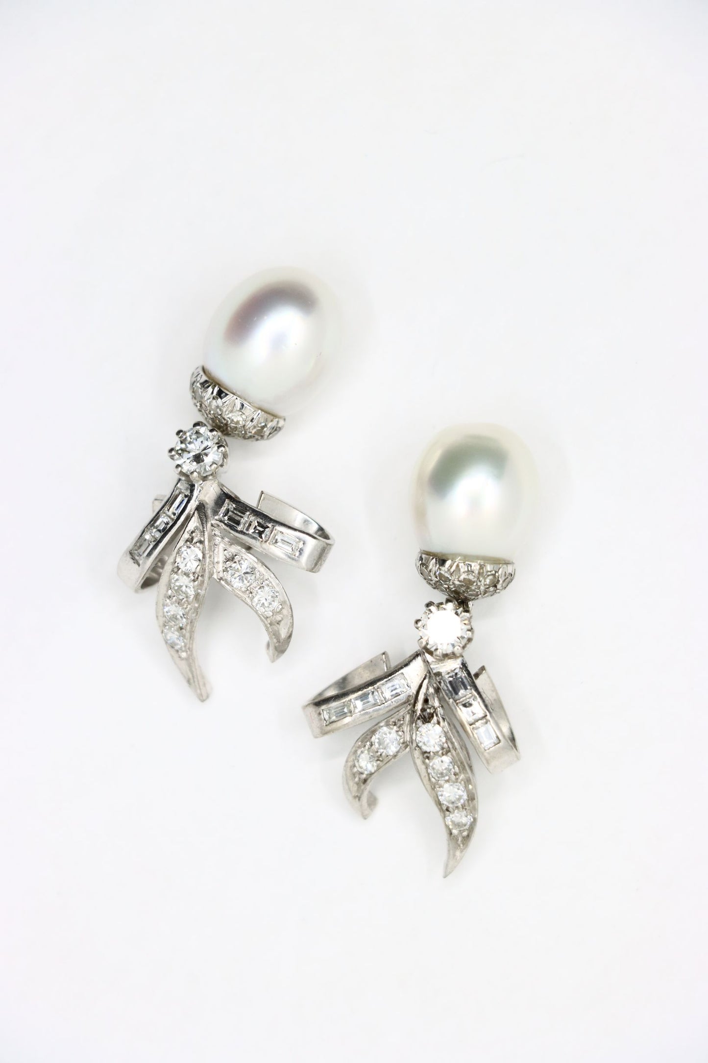 Vintage 18K White Gold Diamond Pearl Drop Earrings
